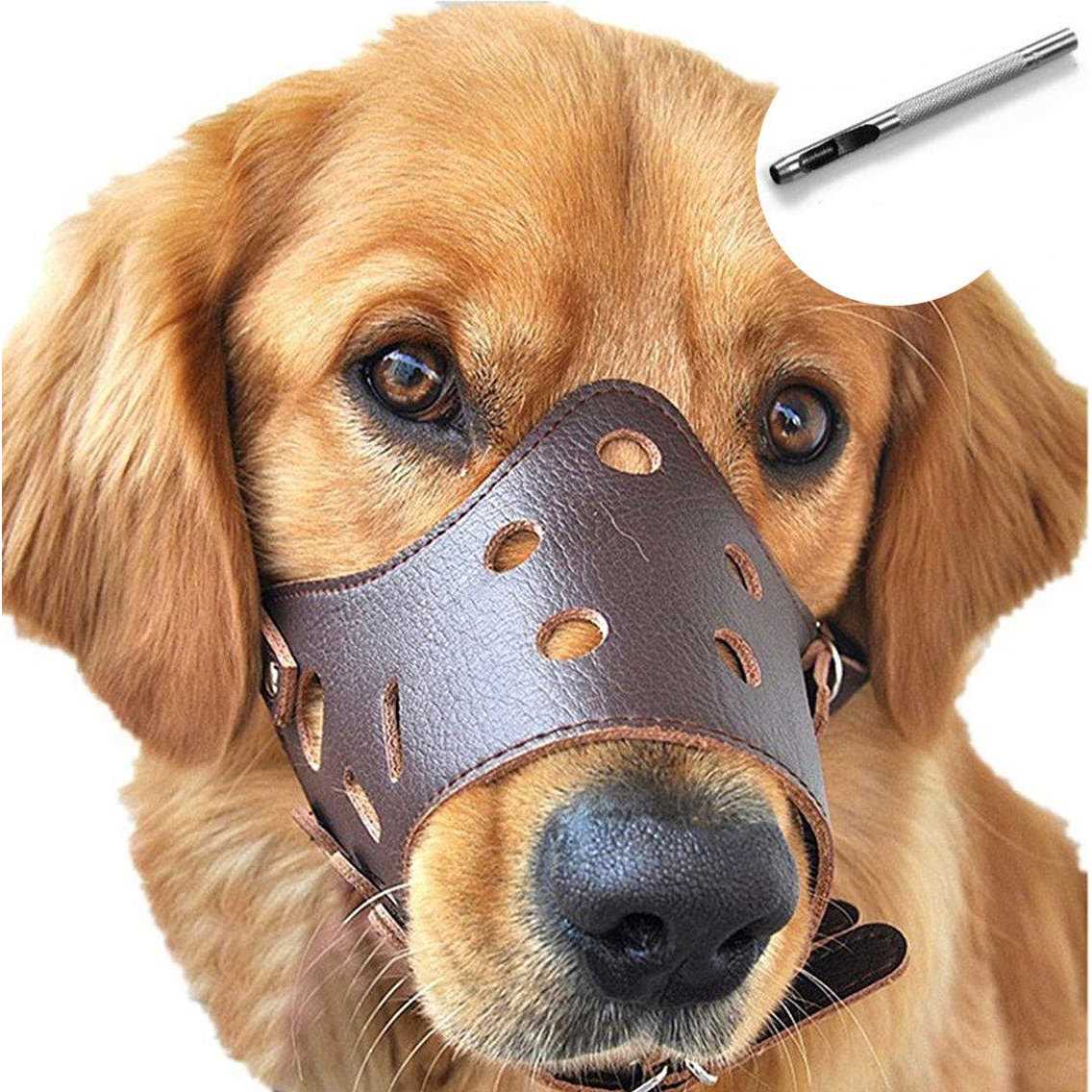 Barkless Dog Muzzle Leather, Comfort Secure Anti-Barking Muzzles For Dog, Breathable And Adjustable, Allows And Eating