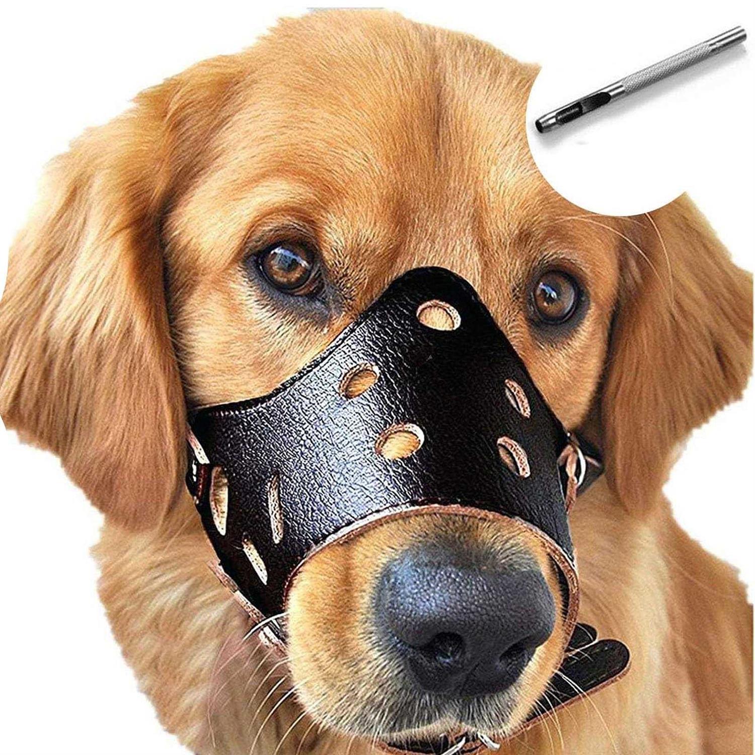 Barkless Dog Muzzle Leather, Comfort Secure Anti-Barking Muzzles For Dog, Breathable And Adjustable, Allows And Eating