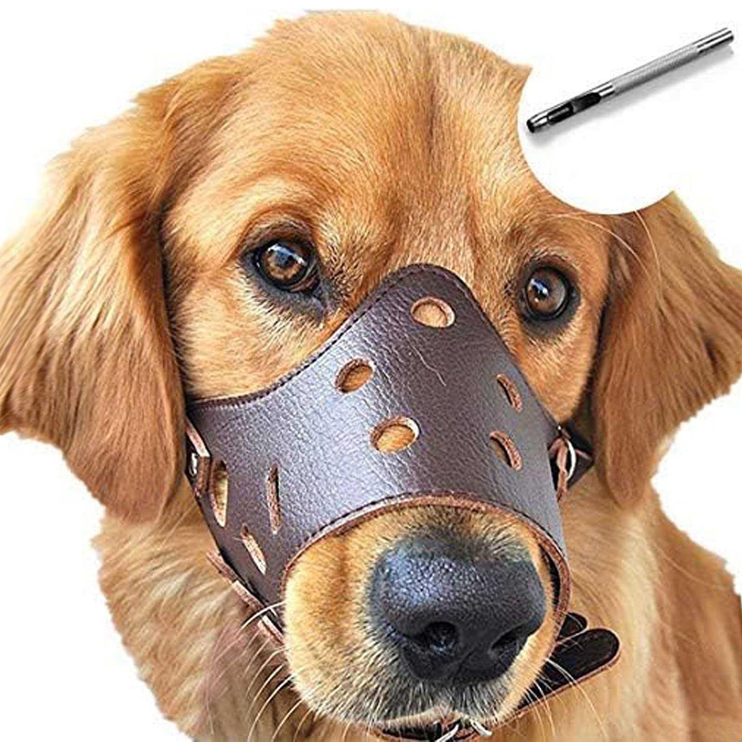 Barkless Dog Muzzle Leather, Comfort Secure Anti-Barking Muzzles For Dog, Breathable And Adjustable, Allows And Eating