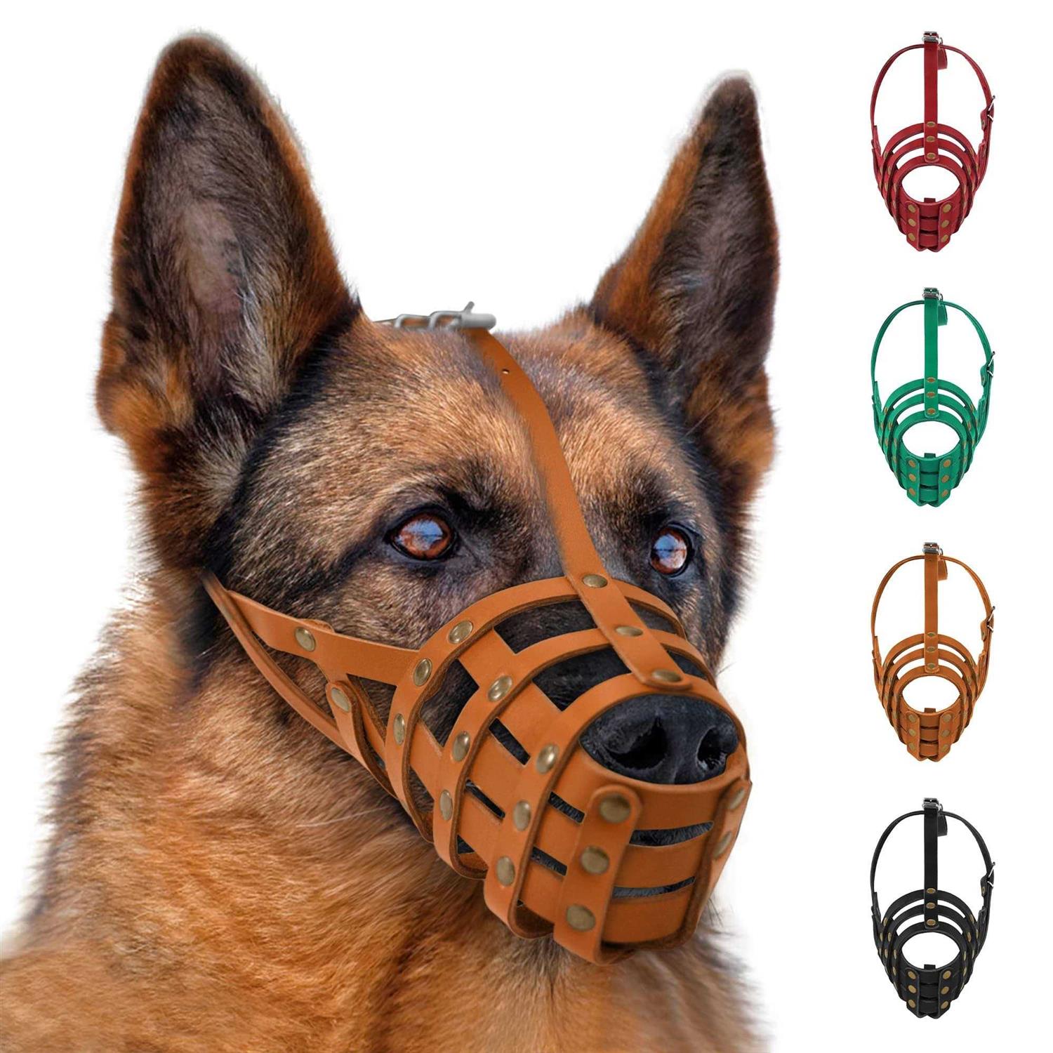 MUROM Leather Dog Muzzle German Shepherd Adjustable Breathable Doberman Dalmatian Setter Basket Medium Large Breeds Black Brown Red Gr