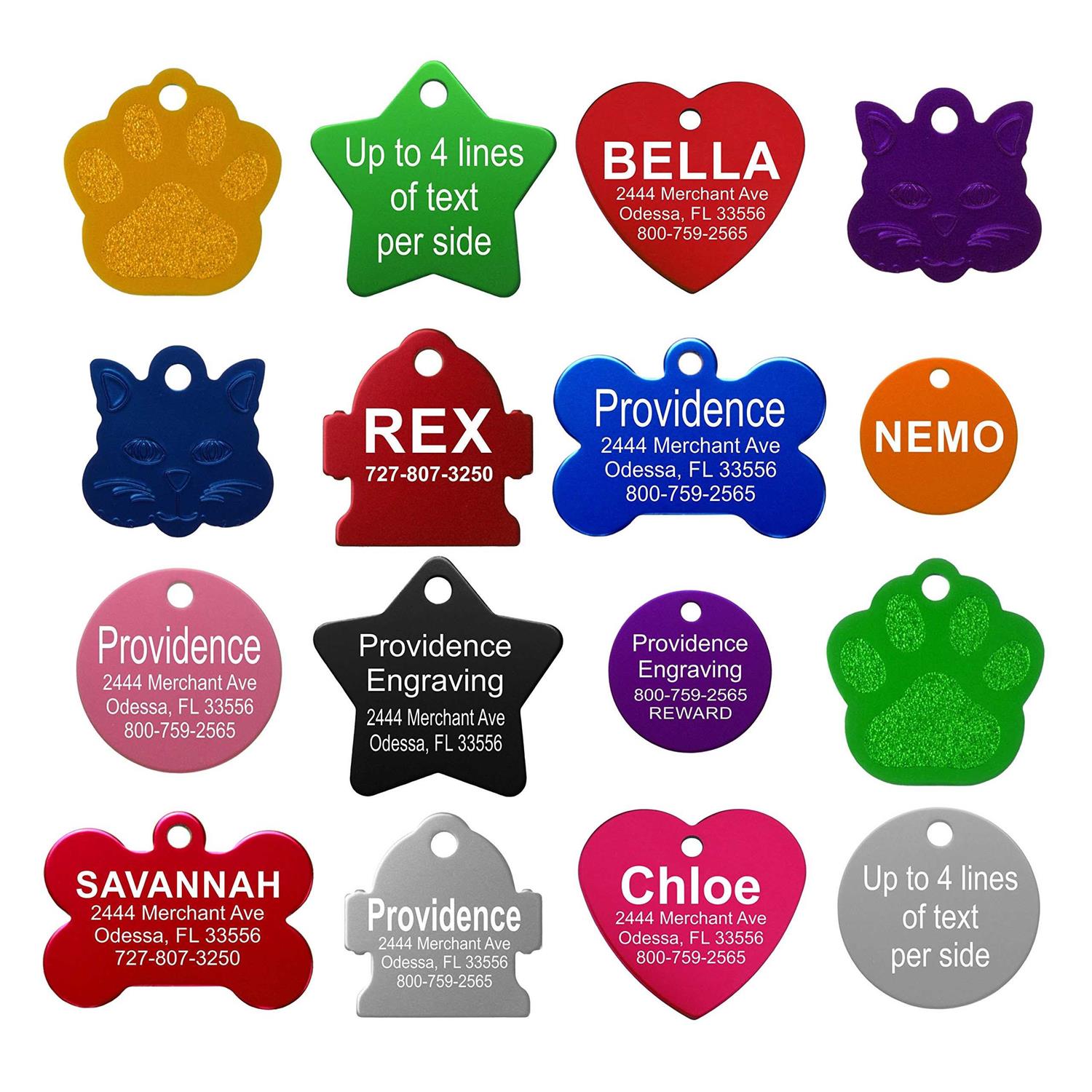 Providence Engraving Pet ID Tags Small or Large Personalized Anodized Aluminum Pet Tags in Bone, Round, Star, Heart, Hydrant, Paw and Cat Face