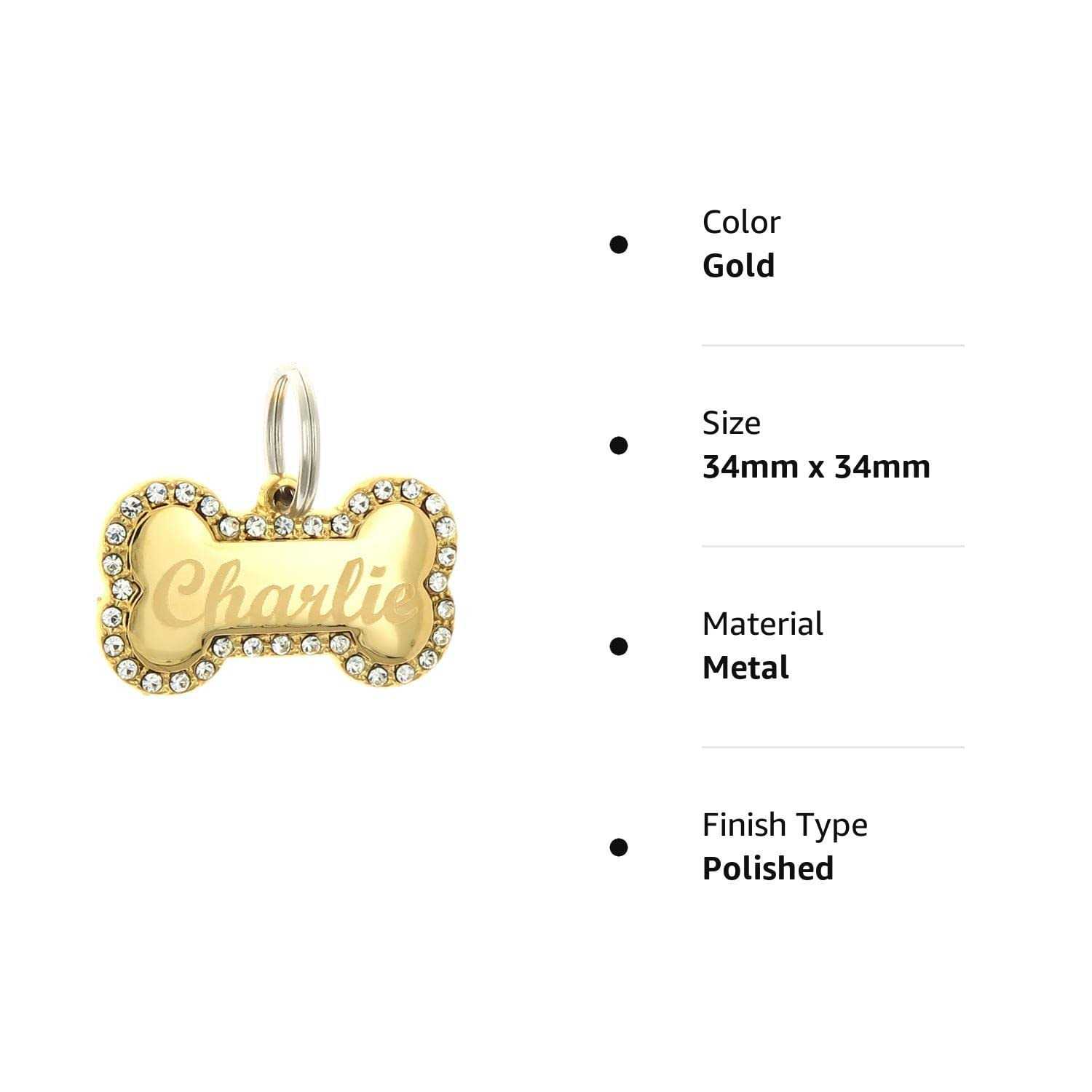 Alternative view of Custom Engraved Personalized Gold-Plated Bone Shape w/ Clear Rhinestones Dog Pet ID Jewelry Bling Tag