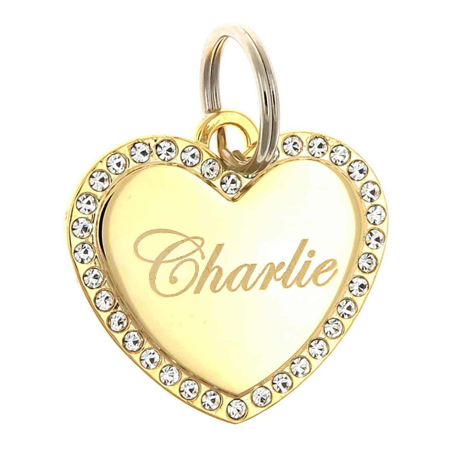 Yippo Accessories Custom Engraved Personalized Gold-Plated Medium Heart Rhinestones Pet Jewelry Cat Dog ID Tag for Casual Use