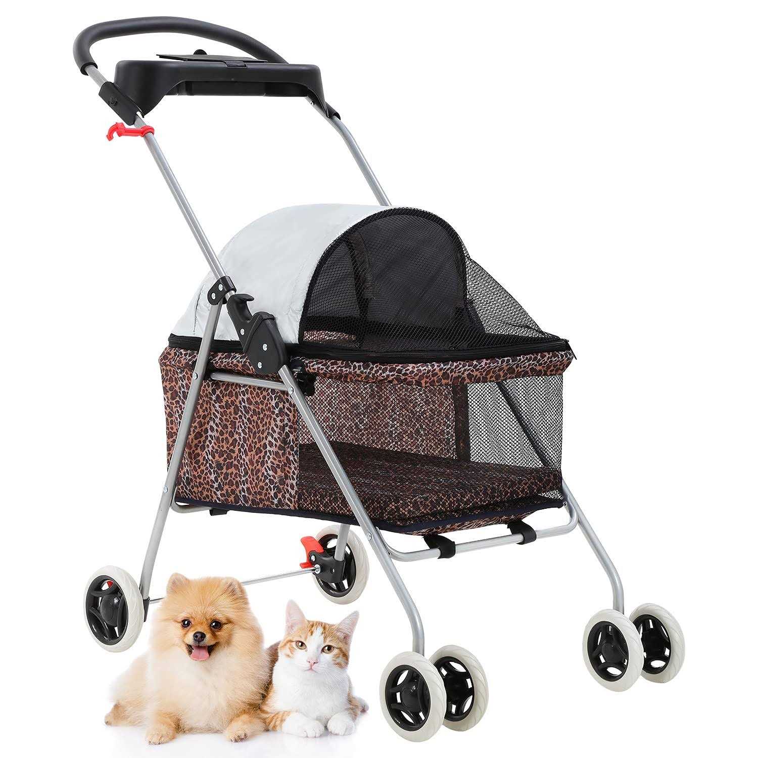 BestPet Pet Stroller 4 Wheels Posh Folding Waterproof Portable Travel Cat Dog Stroller with Cup Holder