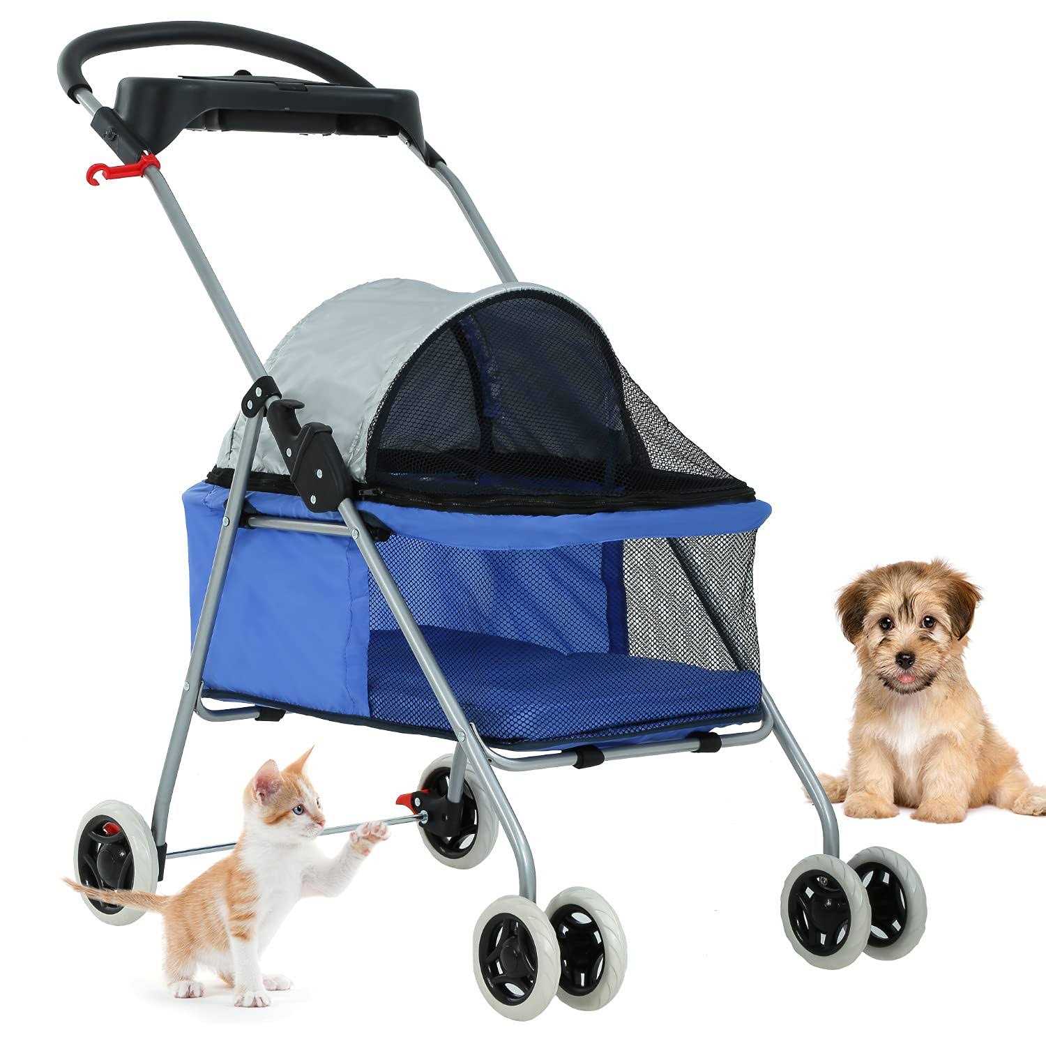 BestPet Pet Stroller 4 Wheels Posh Folding Waterproof Portable Travel Cat Dog Stroller with Cup Holder