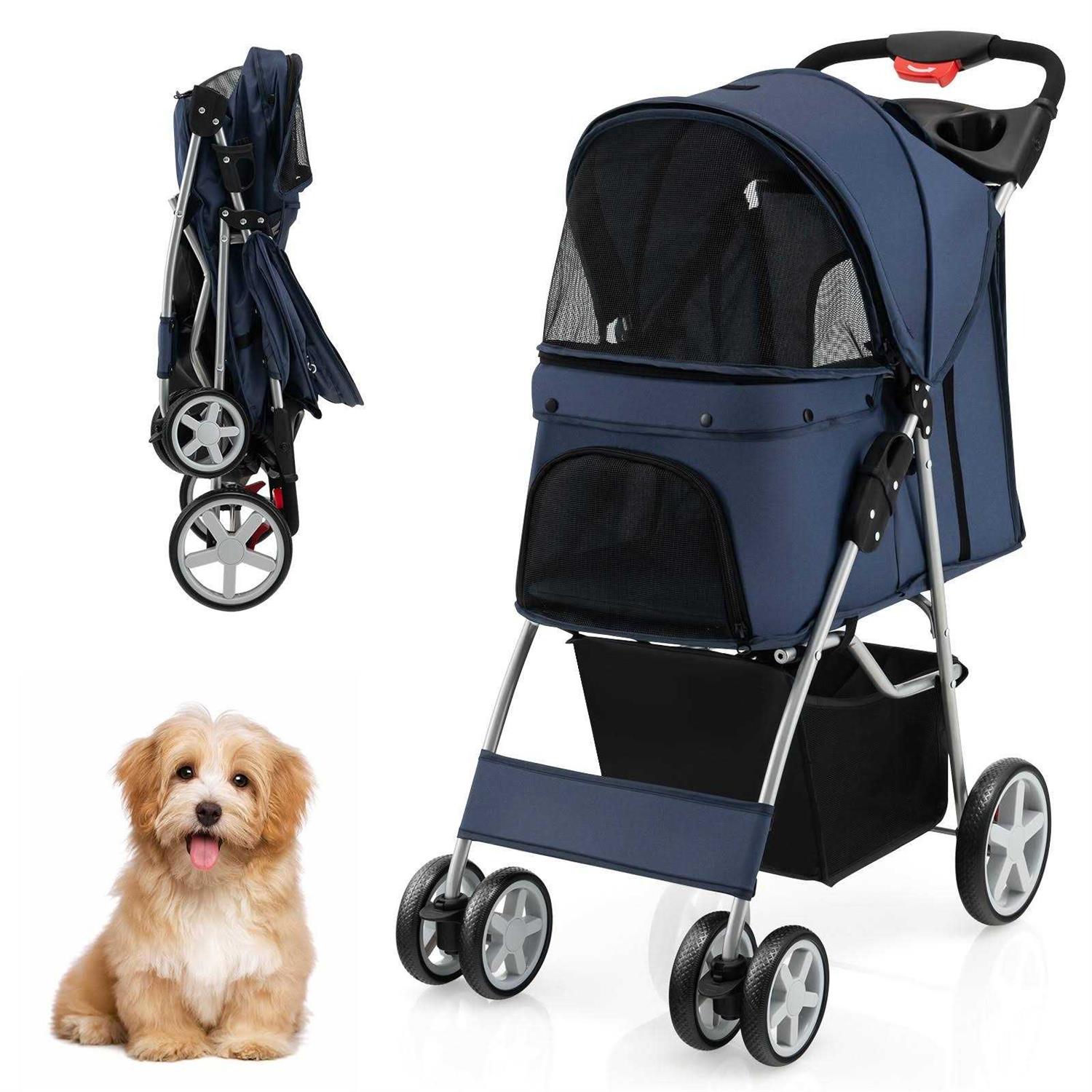 Costway Foldable 4-Wheel Pet Stroller with Storage Basket