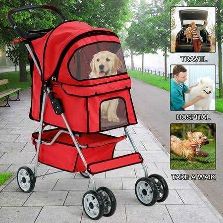 Pet Dog Stroller 4 Wheel Foldable Cat Dog Stroller with Storage Basket
