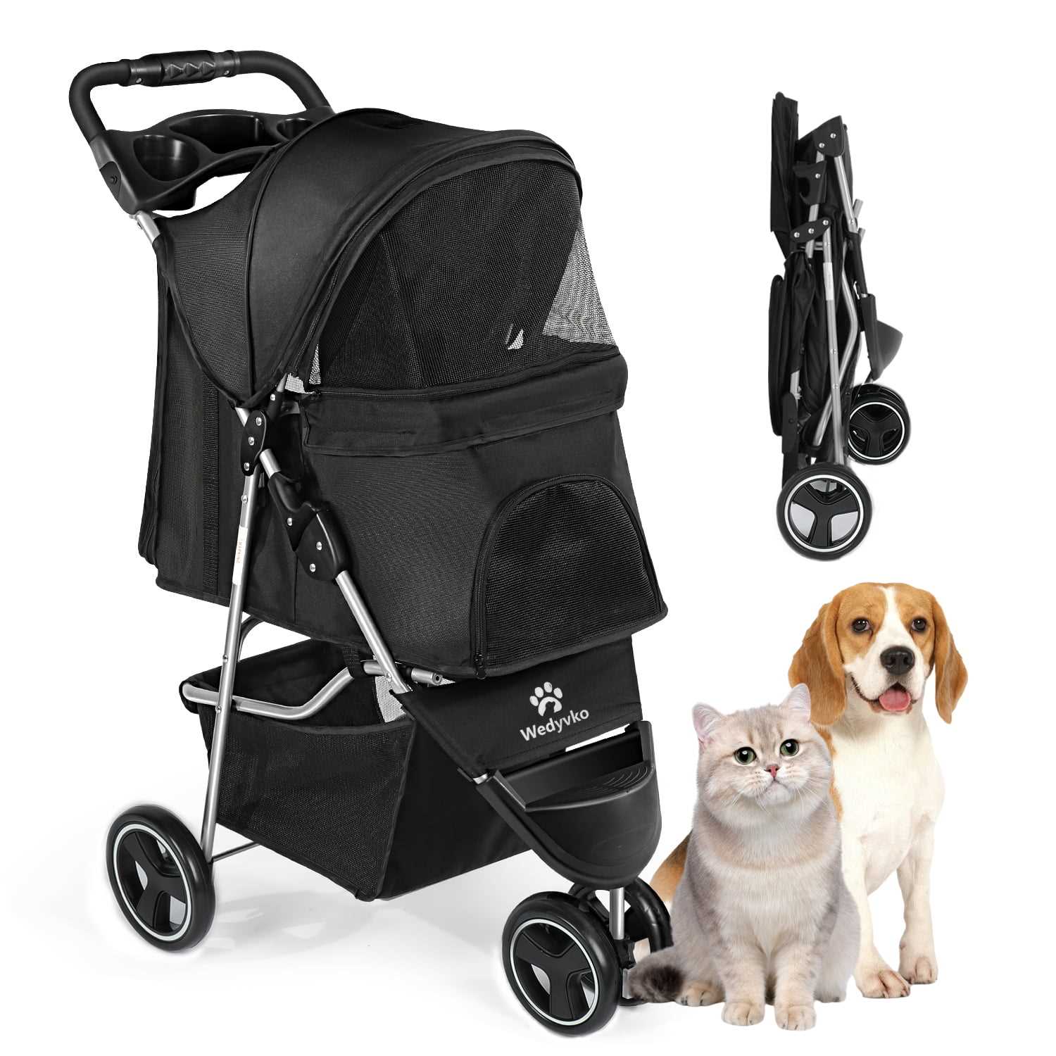 Pet Dog Stroller, Wedyvko 4 Wheels Foldable Dogs and Cat Strollers with Cup Holder for Small and Medium Cats, Dogs, Puppies (Black), Size: 23.6 x 16.9