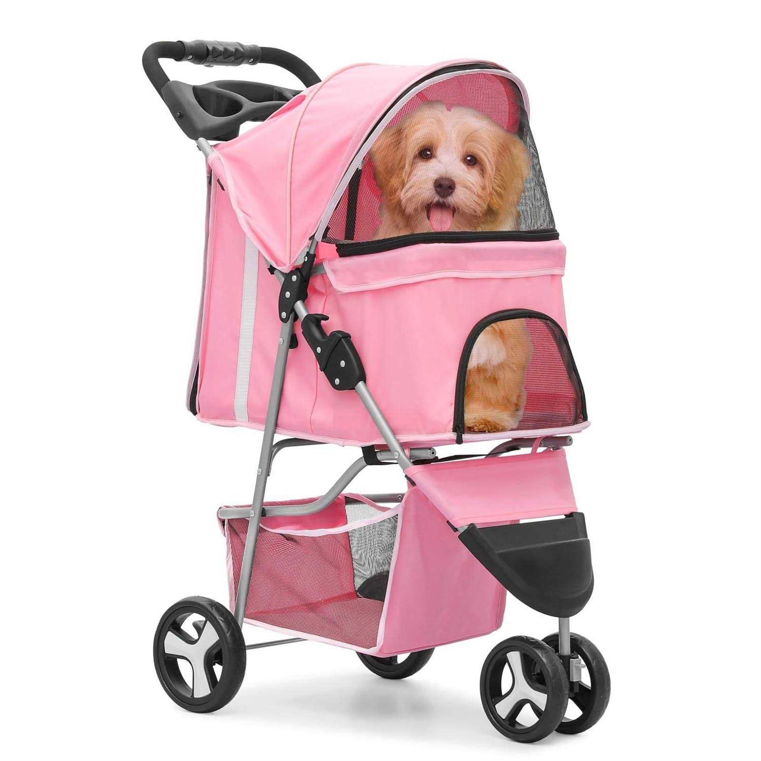 MoNiBloom Foldable Pet Stroller with Weather Cover, 3 Wheels Pet Small Dogs and Cats with Storage Basket and Cup Holder