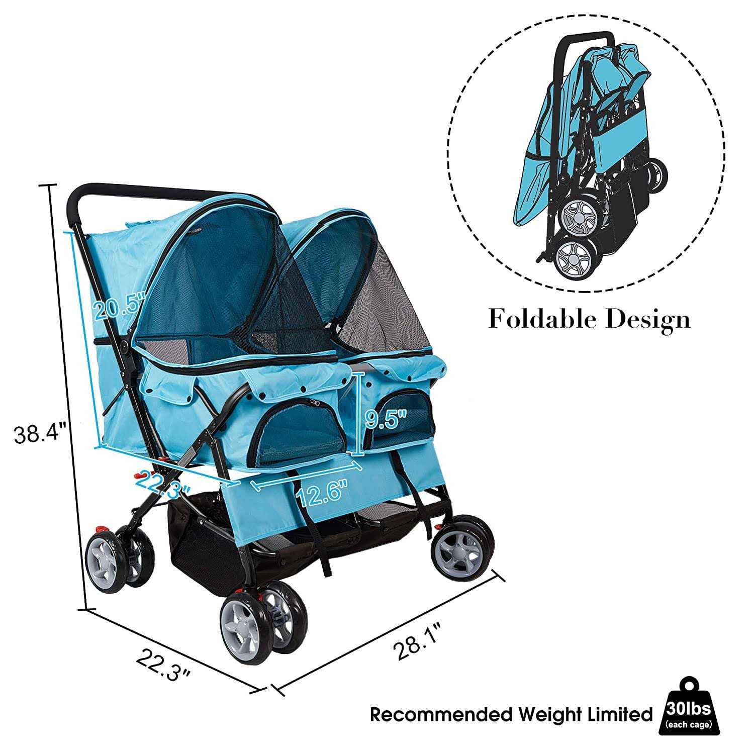 Alternative view of Dporticus Double Pet Stroller Foldable Stroller for 2 Dogs Cats Two-Seater Carrier Strolling Cart for Dog Cat and More Multiple Colors
