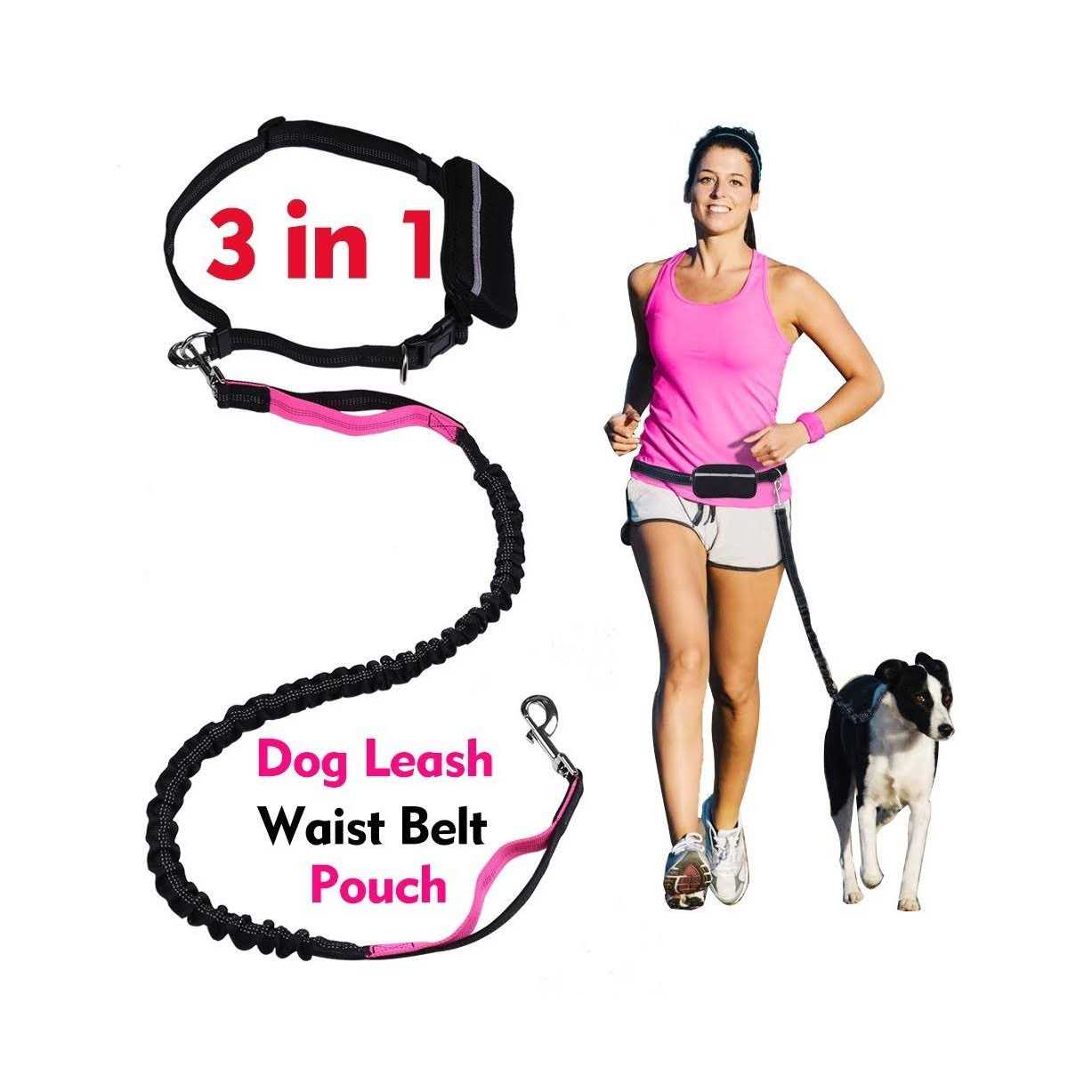 Hands Free Dog Leash for Running Walking Training Hiking Dual-Handle Reflective Bungee