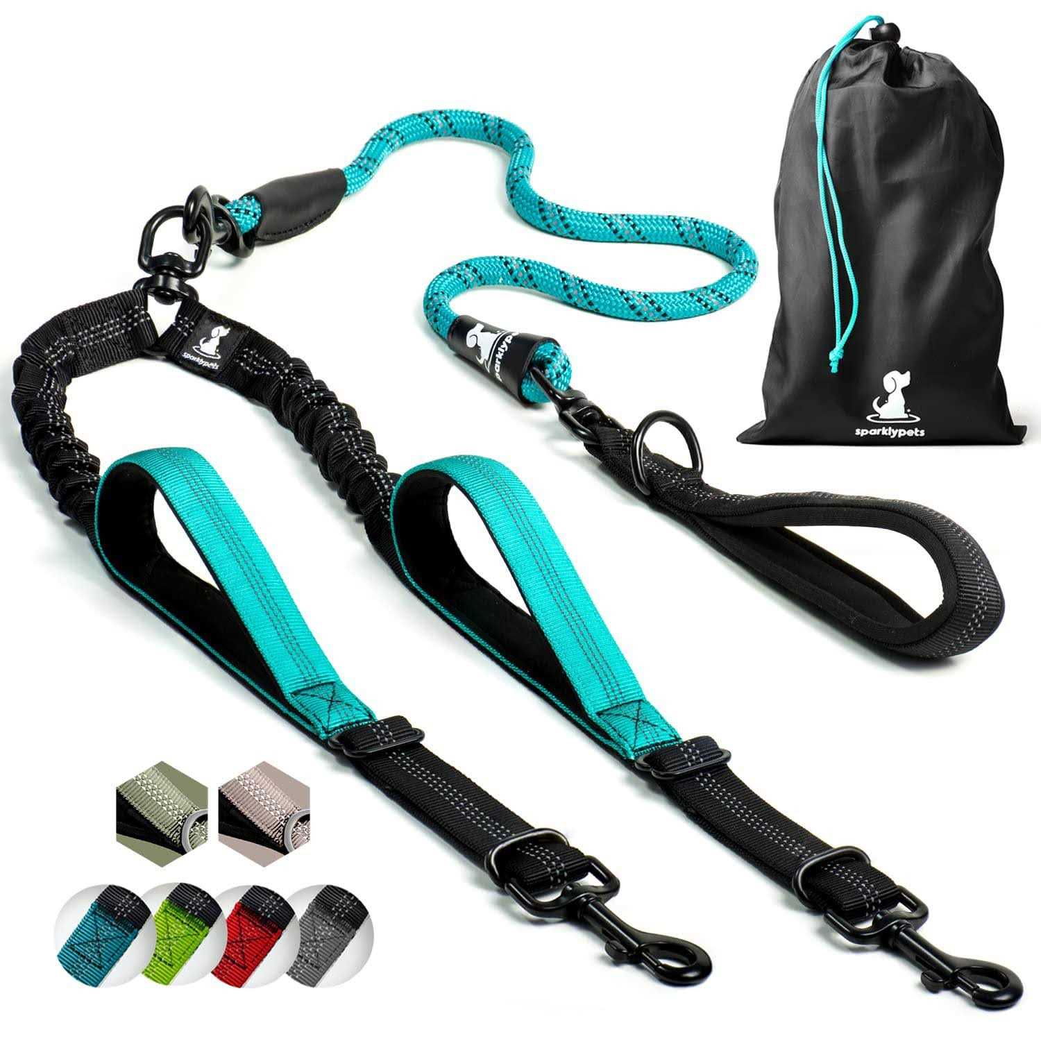 SparklyPets Double Dog Leash for 2 Dogs – Rope Bungee Dual Leash for Medium and Large Dogs with Padded Handles Tangle