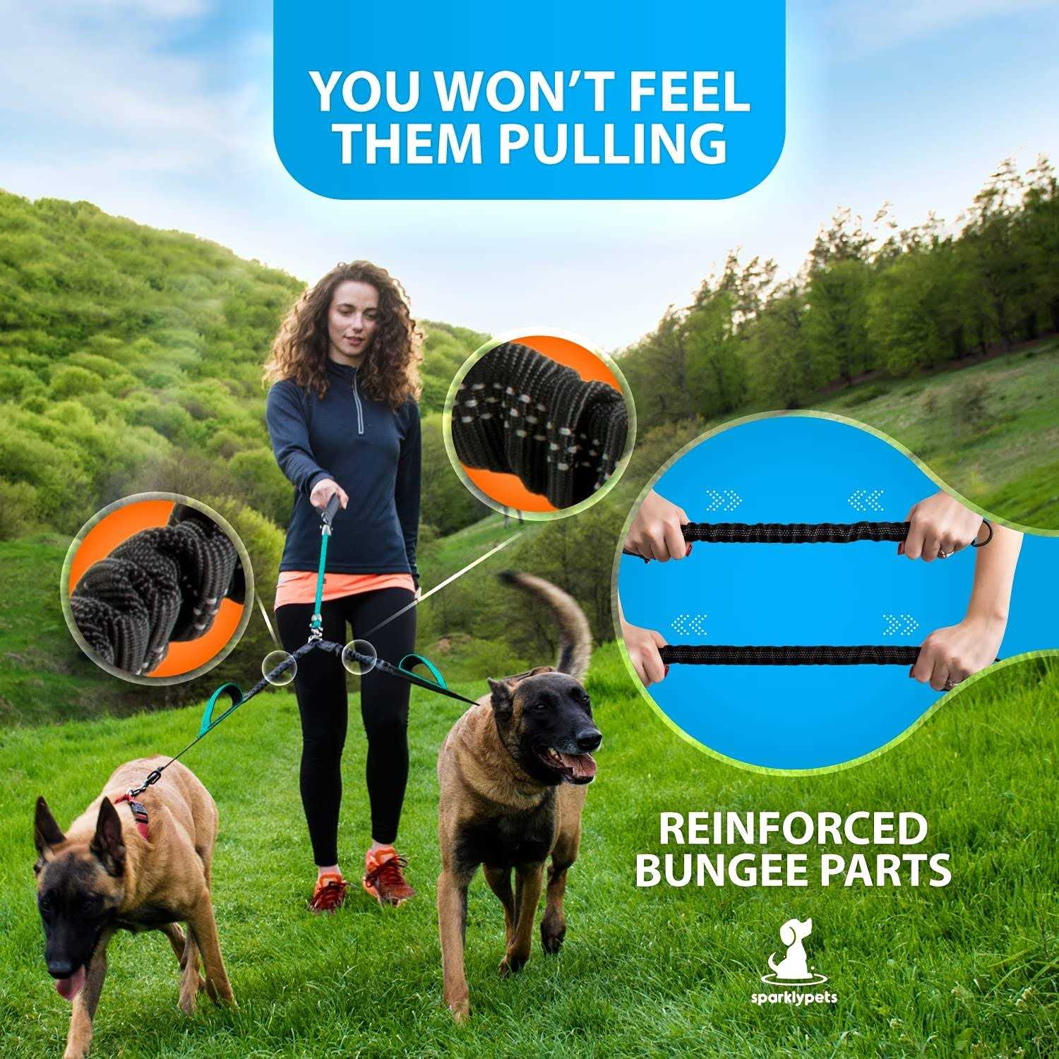 Alternative view of SparklyPets Double Dog Leash for 2 Dogs – Rope Bungee Dual Leash for Medium and Large Dogs with Padded Handles Tangle