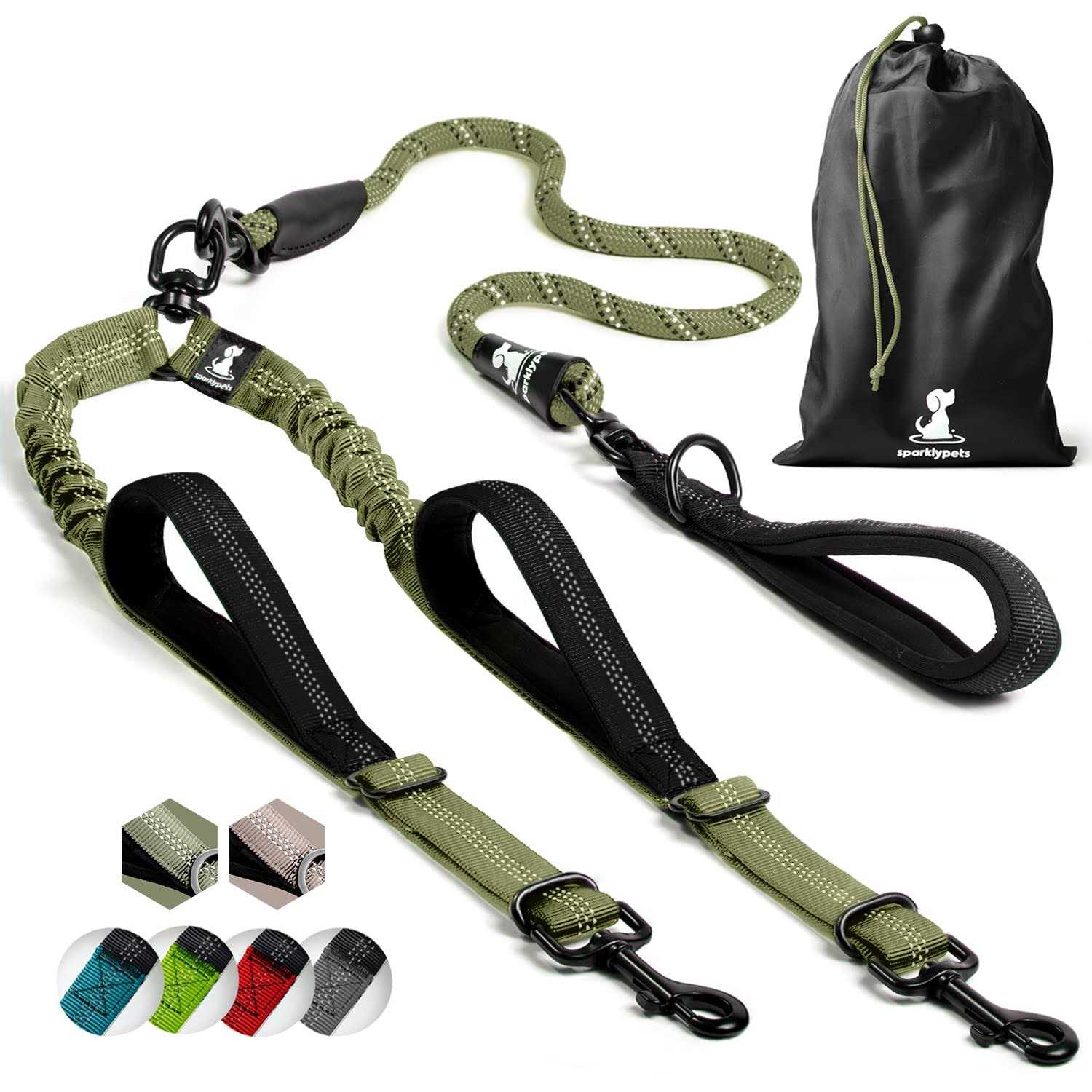 SparklyPets Double Dog Leash for 2 Dogs – Rope Bungee Dual Leash for Medium and Large Dogs with Padded Handles Tangle