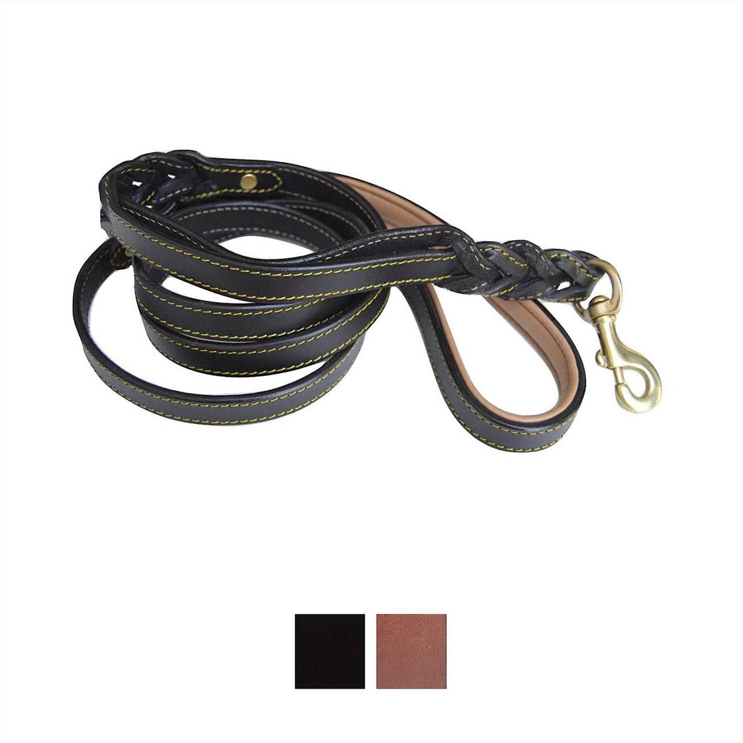 Soft Touch Collars 6 Foot Braided Leather Dog Leash with Traffic Handle, Two Handles for Training and Safety