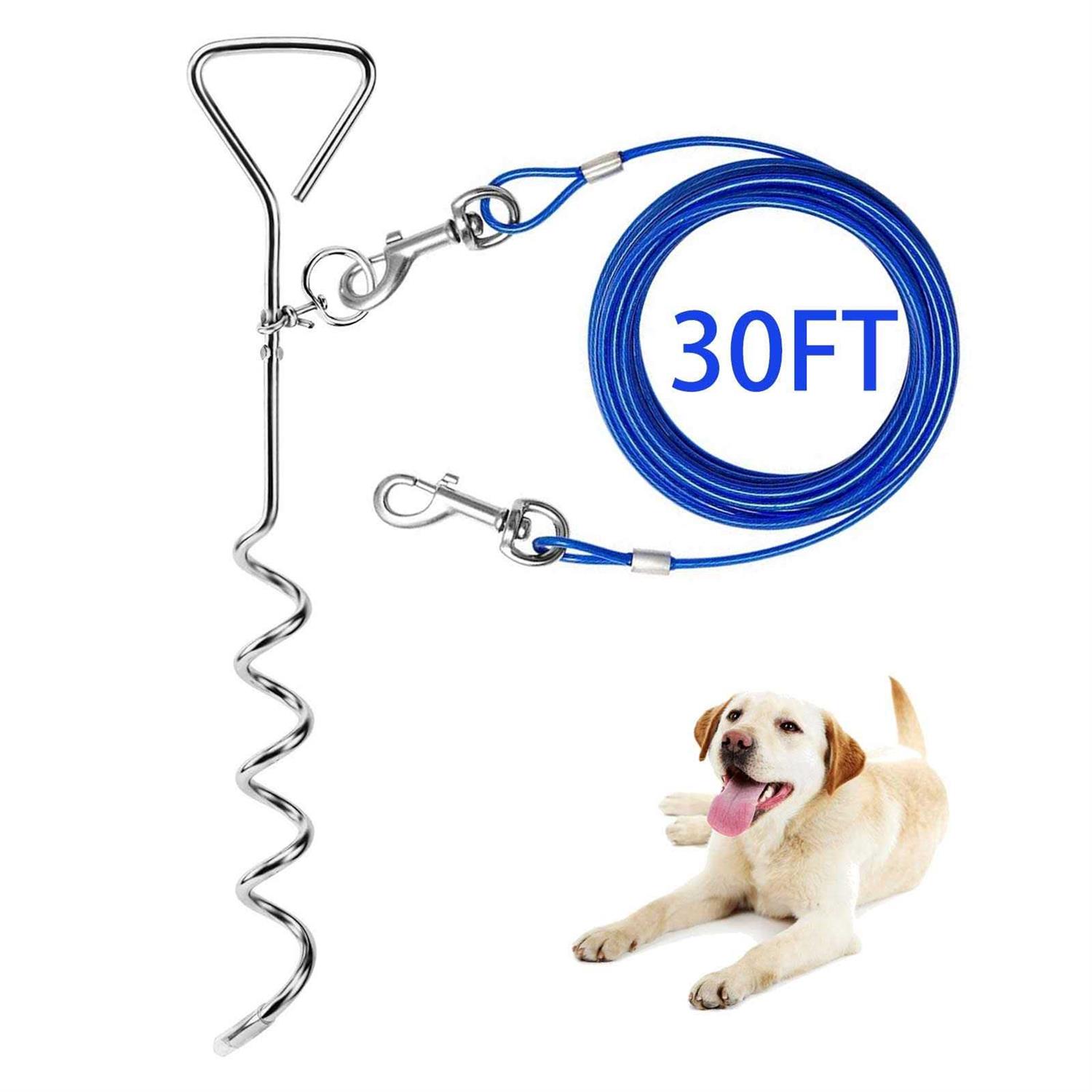 DILOOG Dog Tie Out Cable and Anti Rust Spiral Stake , 30ft Outside Leash&Chain for Camping and Yard