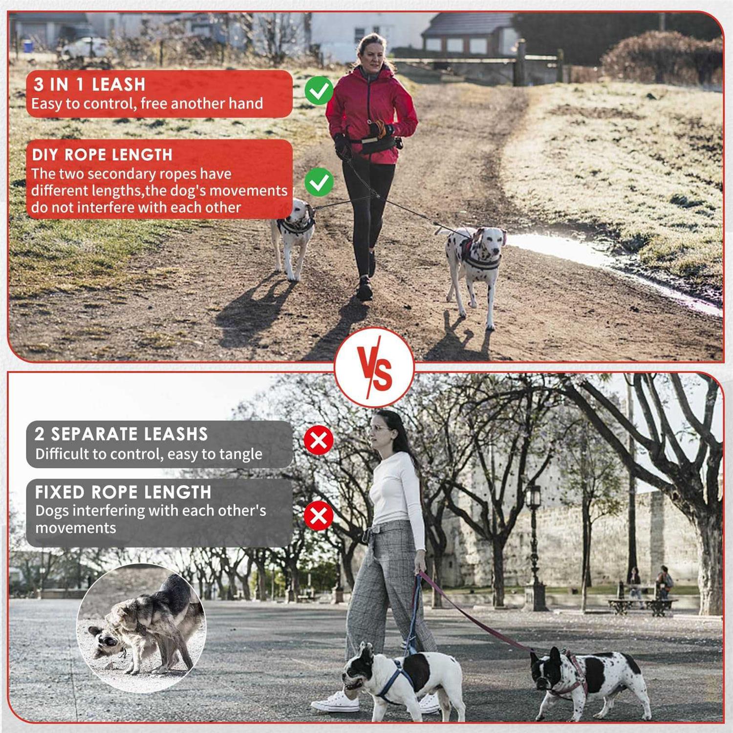 Alternative view of Mengbei tribe Heavy Duty 3 Dog Leash,3 Way Dog Leash No Tangle,Detachable 360° Swivel Device,Multiple Dog Leash with Padded Handle,for Walking and