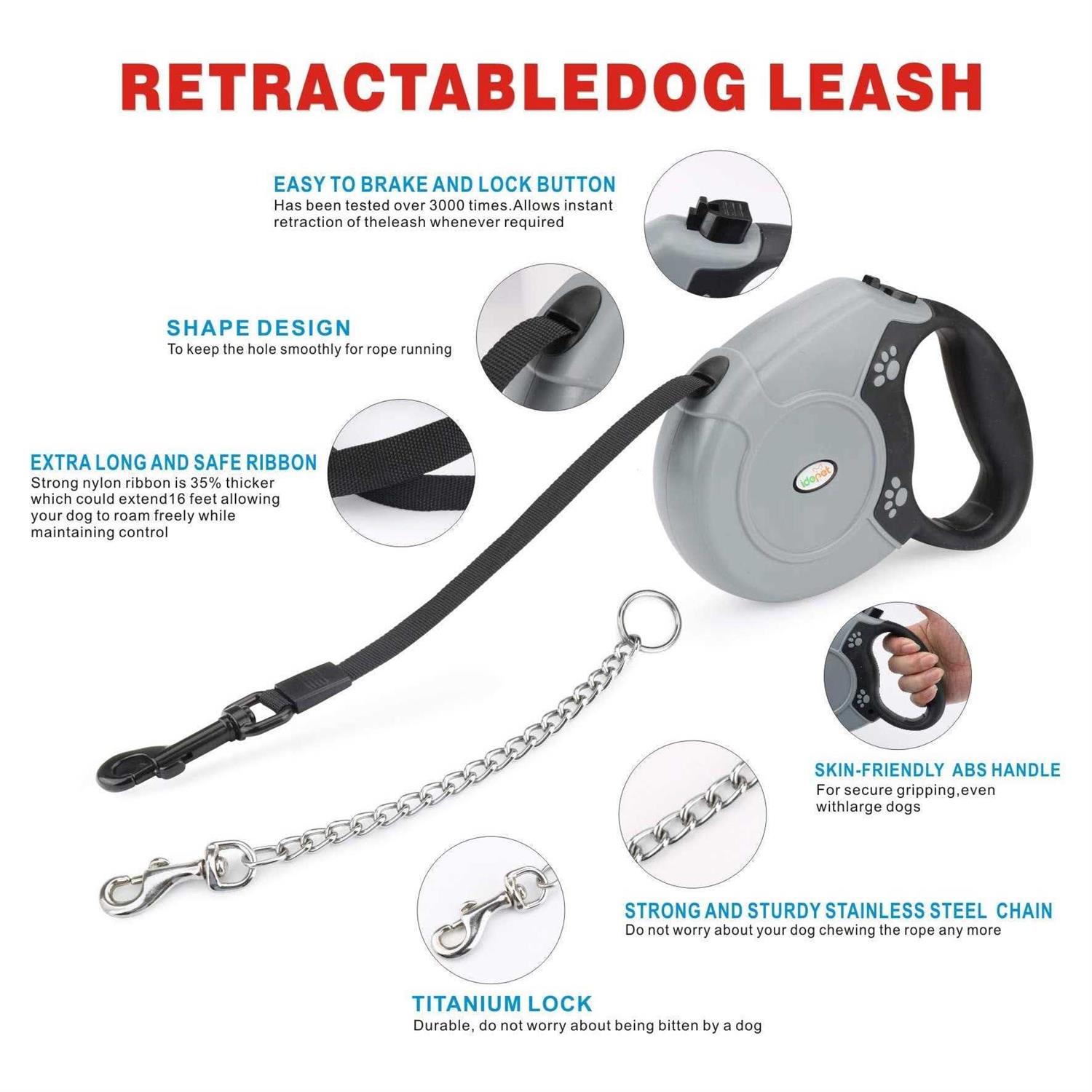 Alternative view of Idepet Heavy Duty Retractable Dog Leash for Small and Medium Dogs, Anti-Chewing Steel Chain 360 Degree Tangle-Free,Break and Lock System,16ft Leash
