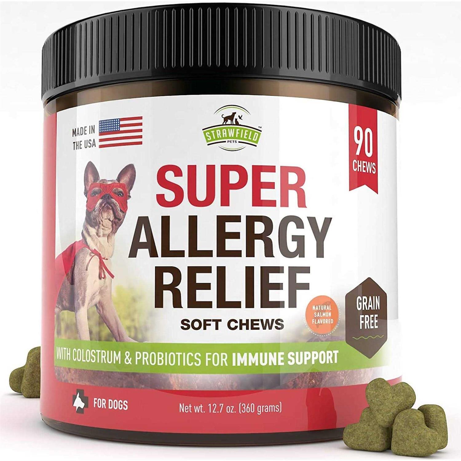 Strawfield Pets Super Dog Allergy Relief Soft Chews with Pre & Probiotics & Colostrum More Salmon Fish Oil for Dogs Natural Supplement for Dry Itch
