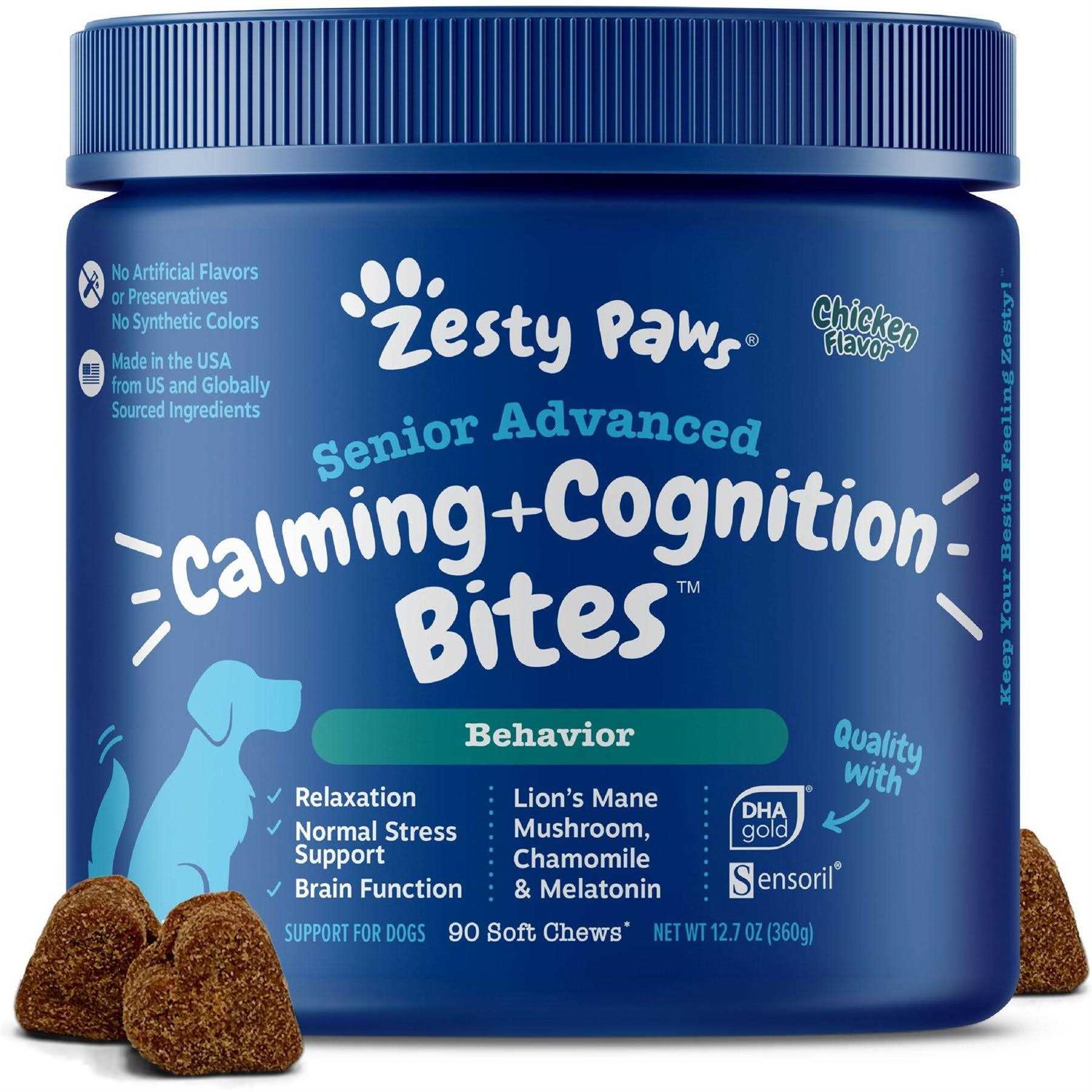 Zesty Paws Senior Advanced Calming + Cognition Bites Chicken Flavor Soft Chews Composure Supplement for Dogs