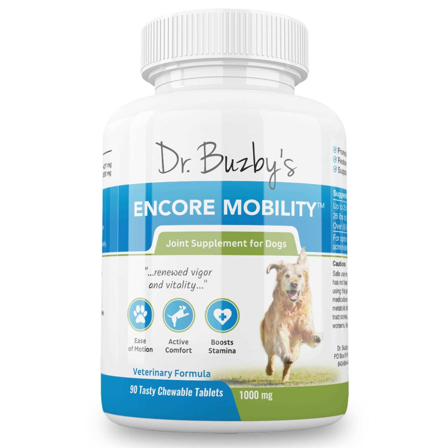 Dr. Buzby's Encore Mobility Hip & Joint Supplement for Senior Dogs, 90 Chewable Tablets, Natural New Zealand Deer Velvet and Green Lipped Mussel