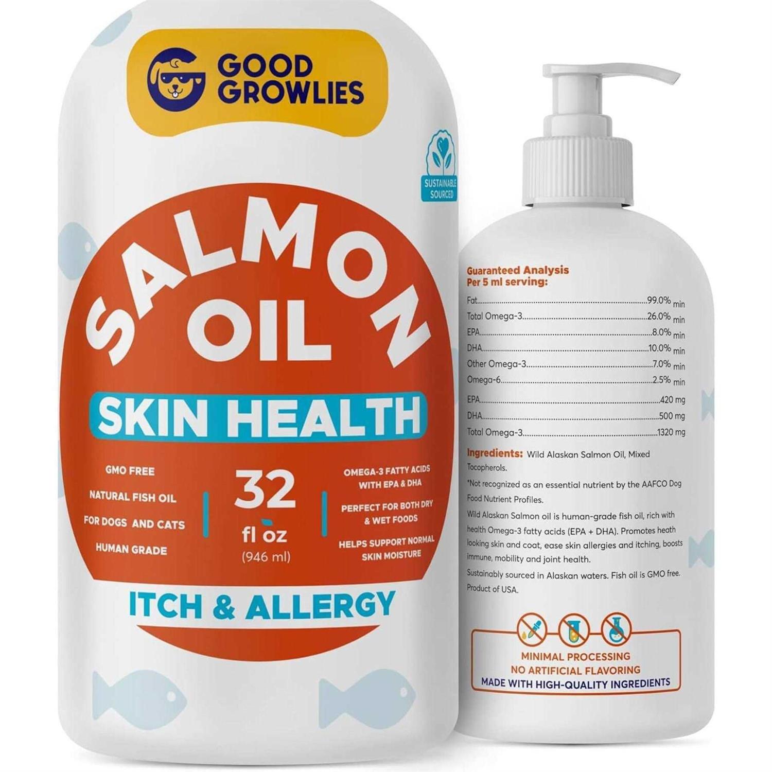 GoodGrowlies Omega 3 Alaskan Salmon Oil for Dogs Dry & Itchy Skin Relief + Allergy Support
