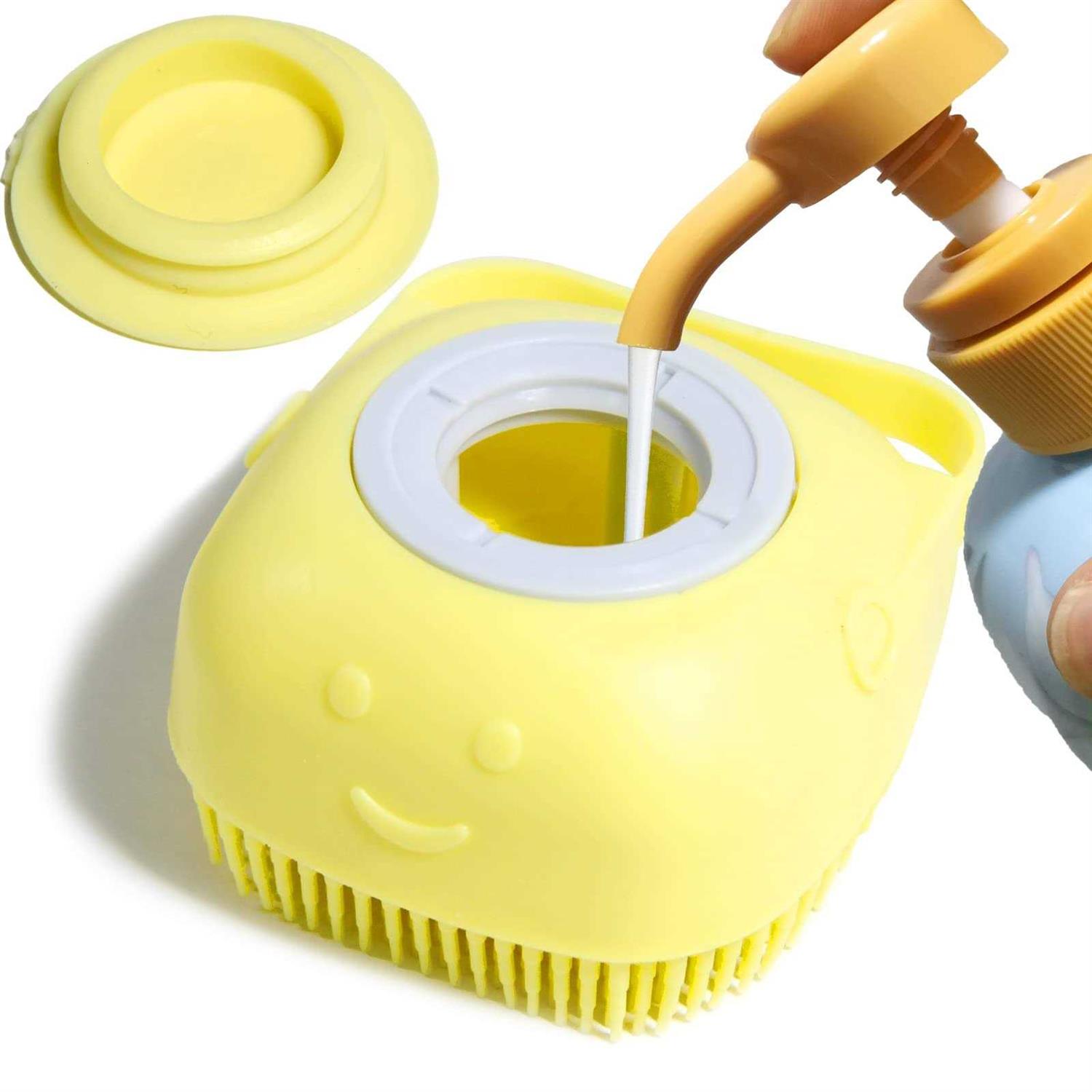Woleigiao Dog Bath Brush, Pet Massage Brush Shampoo Dispenser, Soft Silicone Brush Rubber Bristle for Dogs and Cats Shower Grooming