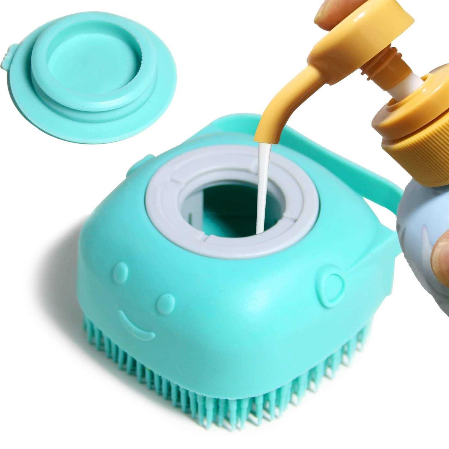 Woleigiao Dog Bath Brush, Pet Massage Brush Shampoo Dispenser, Soft Silicone Brush Rubber Bristle for Dogs and Cats Shower Grooming