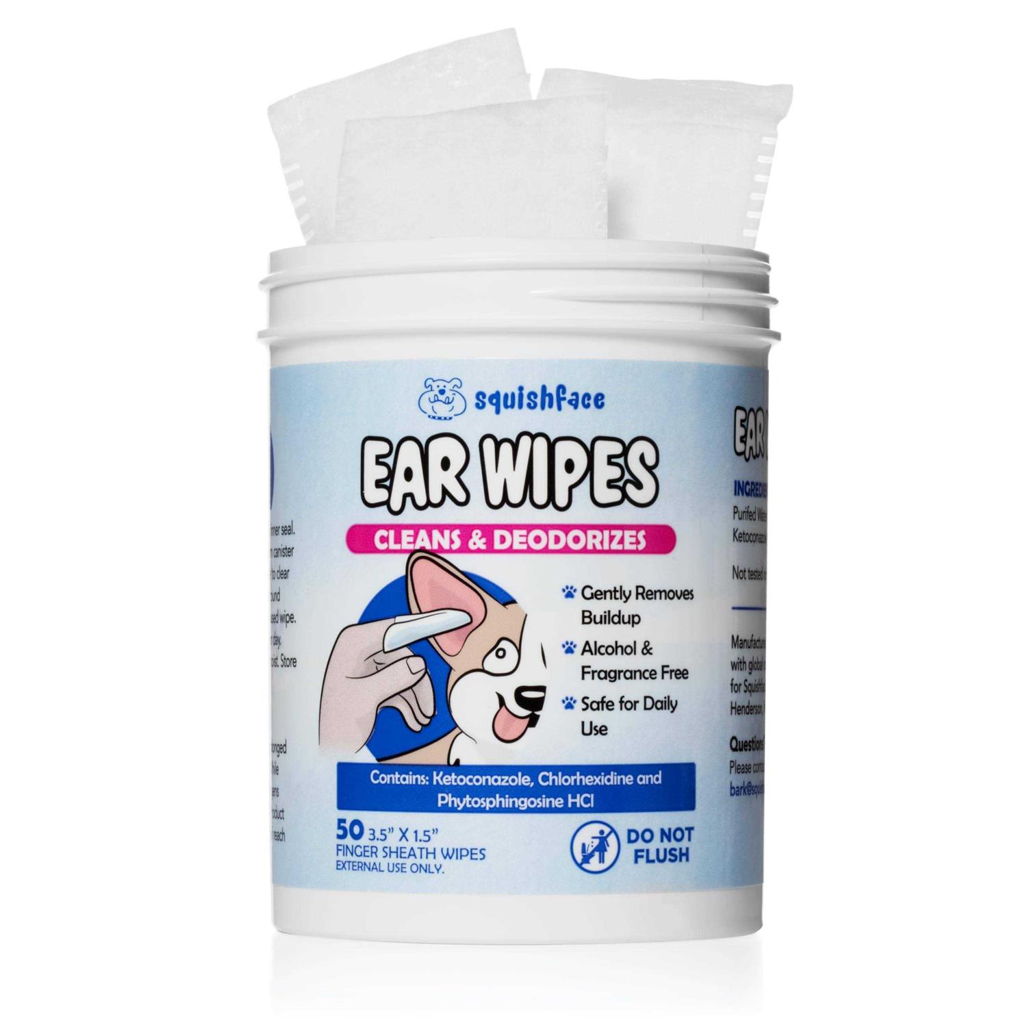 Squishface Dog Ear Relief Individual Finger Sheath Wipes Non-Allergenic Ingredients & Irritation-Reducing Formula Cleans & Deodorizes