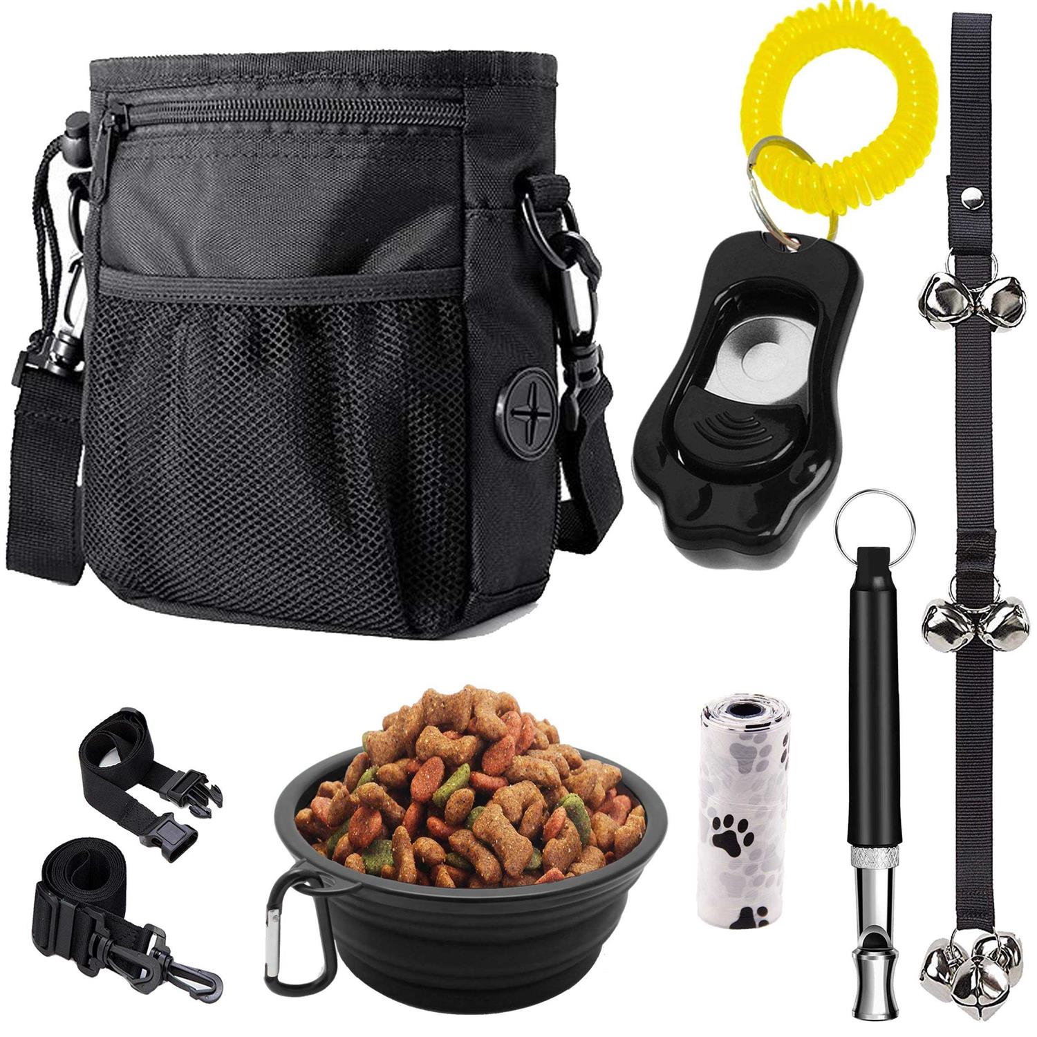 PupsNTails Dog Training Kit Puppy and Dog Training Treat Pouch,Adjustable Training Clicker,House Training Doorbells,Collapsible Dog Bowl