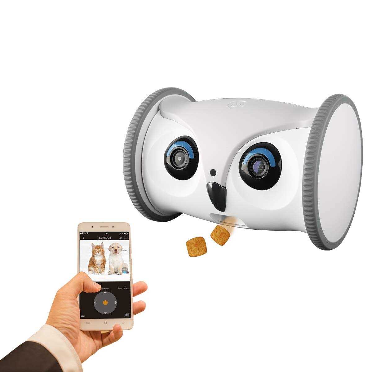 SKYMEE Owl Robot Movable Full HD Pet Camera with Treat Dispenser, Interactive Toy for Dogs and Cats
