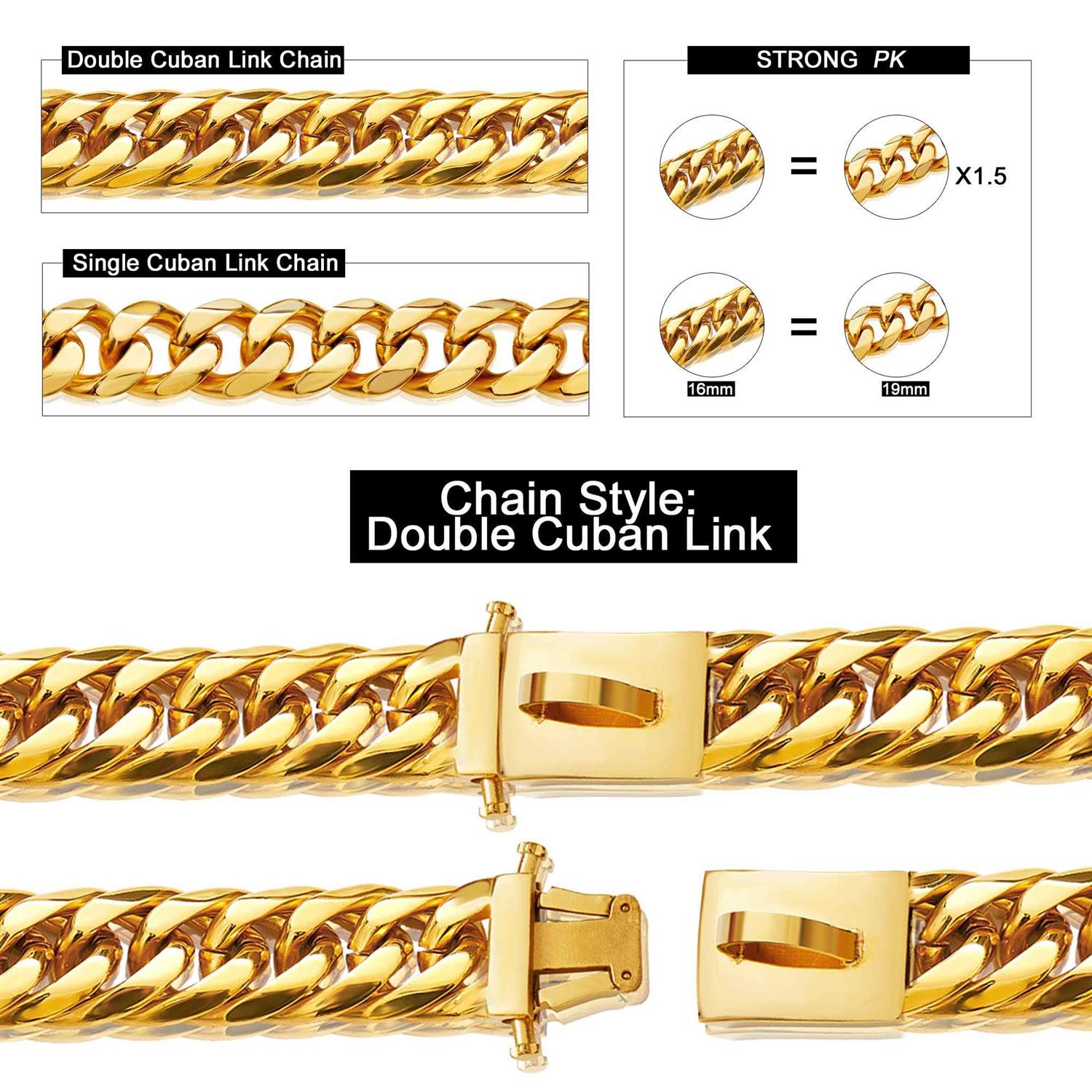 Alternative view of W/W Lifetime Gold Chain Dog Collar 16MM 18K Gold Cuban Link Dog Collar with Secure Snap Buckle
