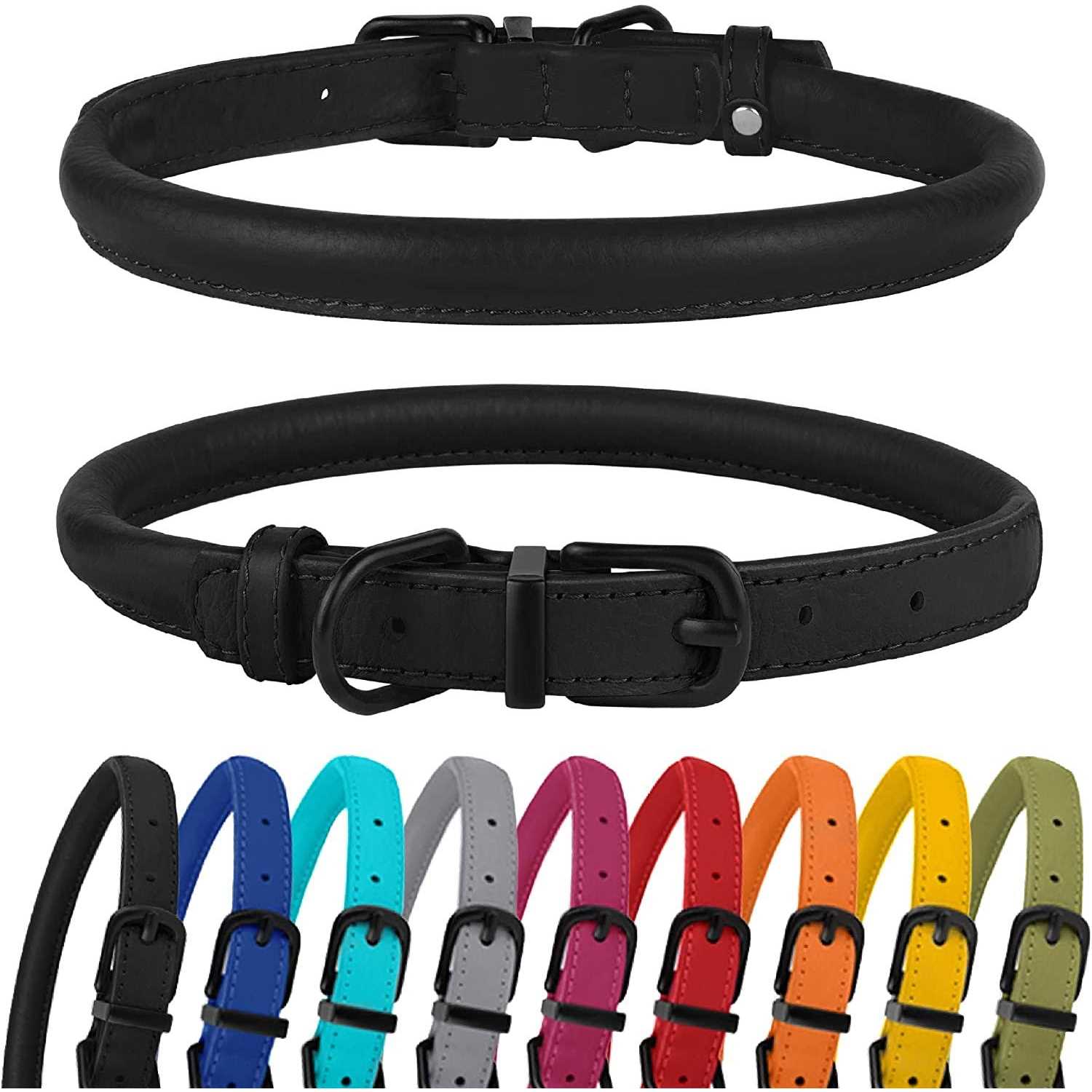 Bronzedog Rolled Leather Dog Collar with QR ID Dog Tag Round Personalized Collars for Small Medium Large Dogs Puppy Cat
