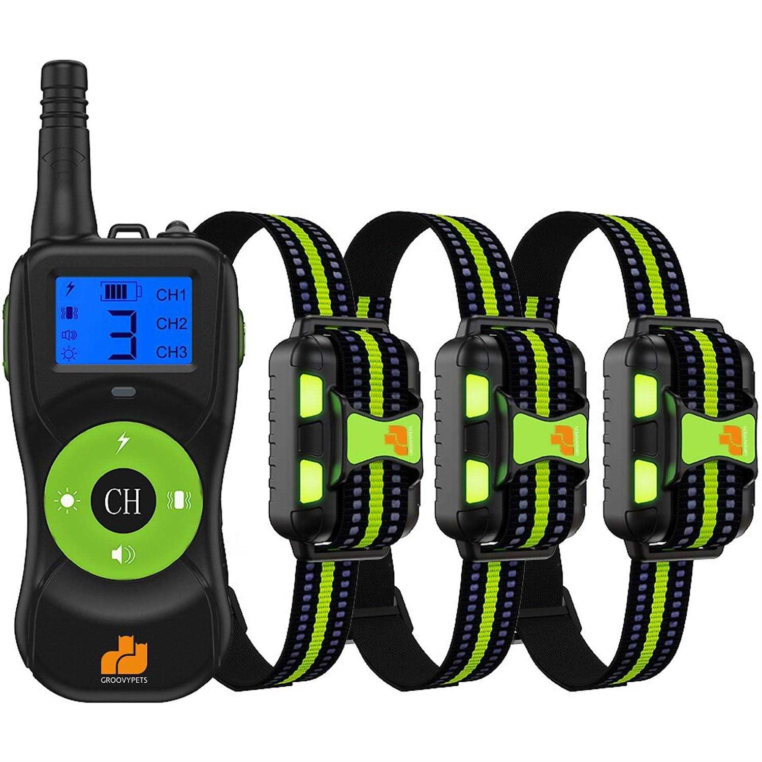 Groovypets Three-Dog Kit 800 Yard Waterproof Long-Life Rechargable Remote Dog Training Shock Collar System