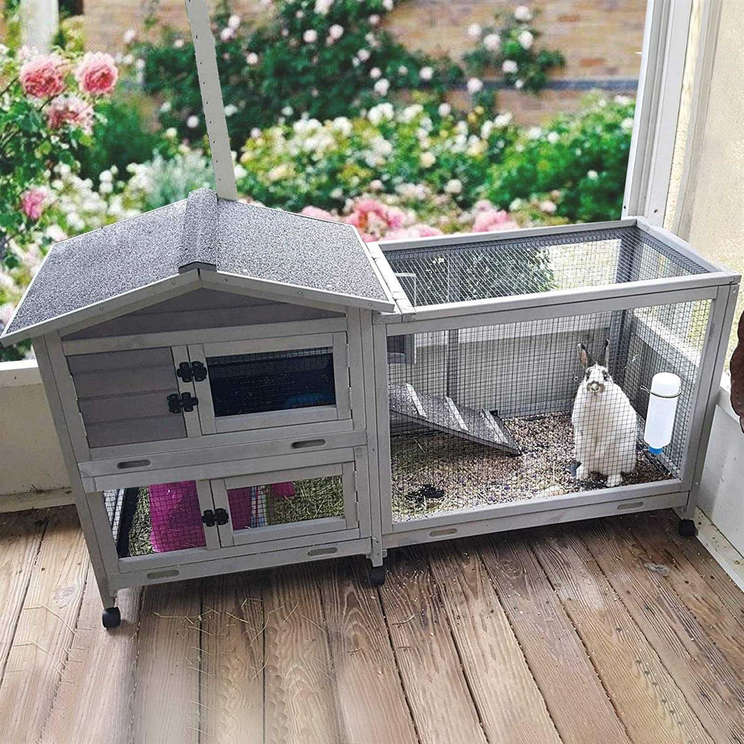 Aivituvin Rabbit Hutch Outdoor Indoor Rabbit Cage Chikcen Coop with Casters Guinea Pig Cage with 3 Deep No Leakage Pull Out Tray
