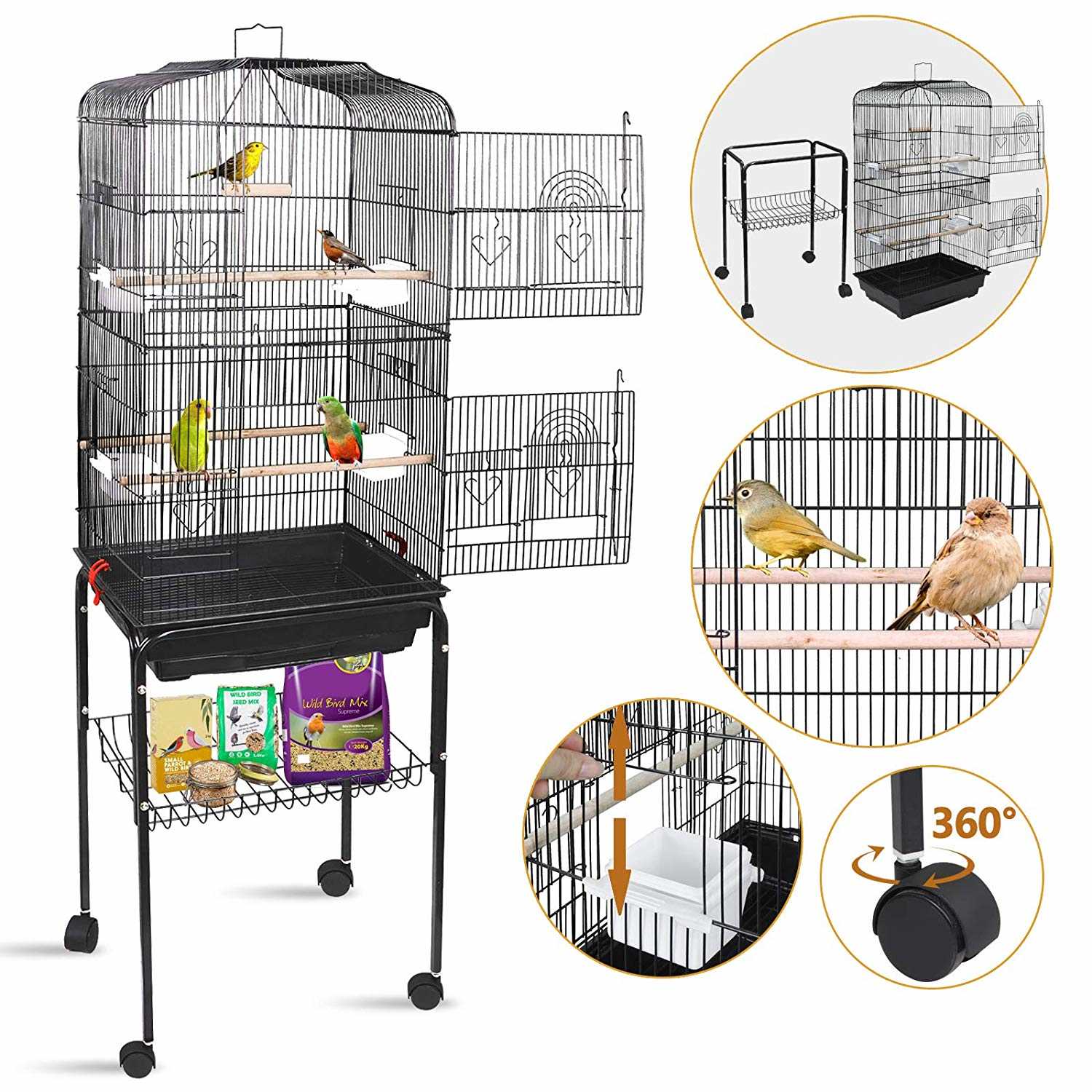 Zenstyle 59.3'' Bird Cage with Rolling Stand Wrought Iron Birdcage Medium Pet House, Black