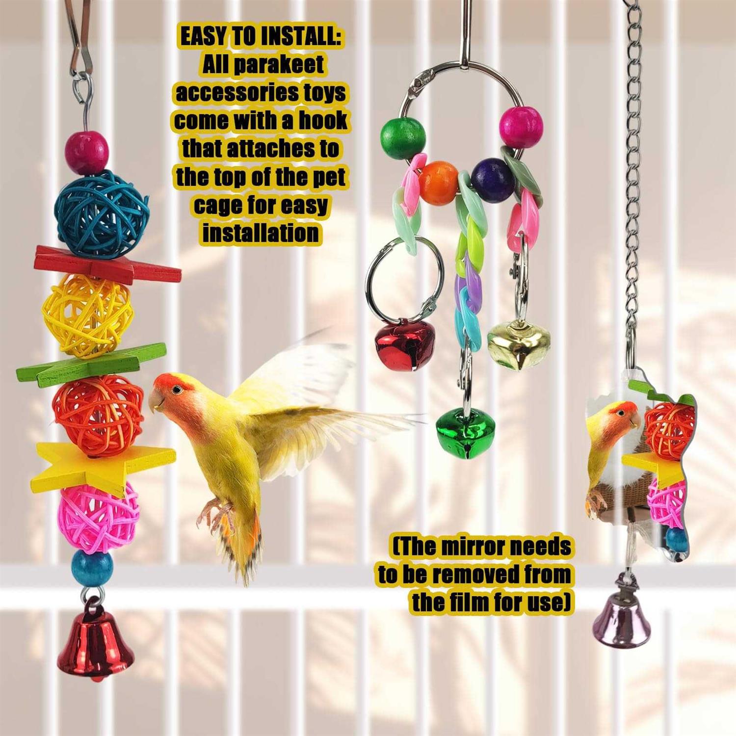 Alternative view of Xloey Parakeet Toys,7 Pcs Colorful Bird Toys for Parakeets,Pet Bird Cage Hammock Swing Climbing Ladders Chewing Toy Mirror Hanging Bell Wooden Perch