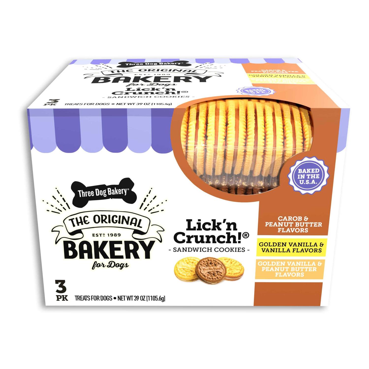 Three Dog Bakery Lick'n Crunch Sandwich Cookies Premium Dog Treats with No Artificial Flavors