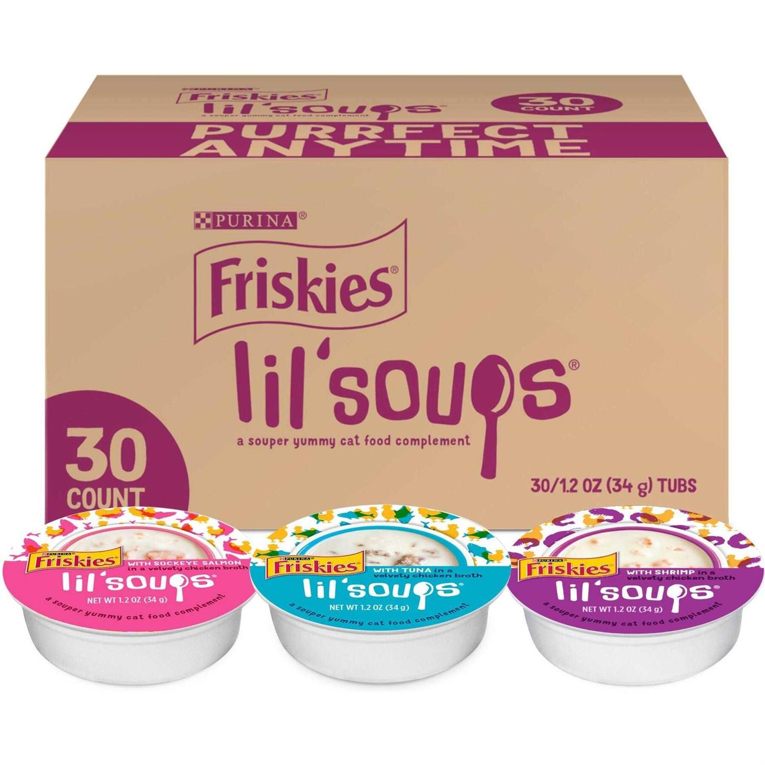 Friskies Purina Grain Free Wet Cat Food Complement Variety Pack Lil' Soups with Salmon Tuna or Shrimp