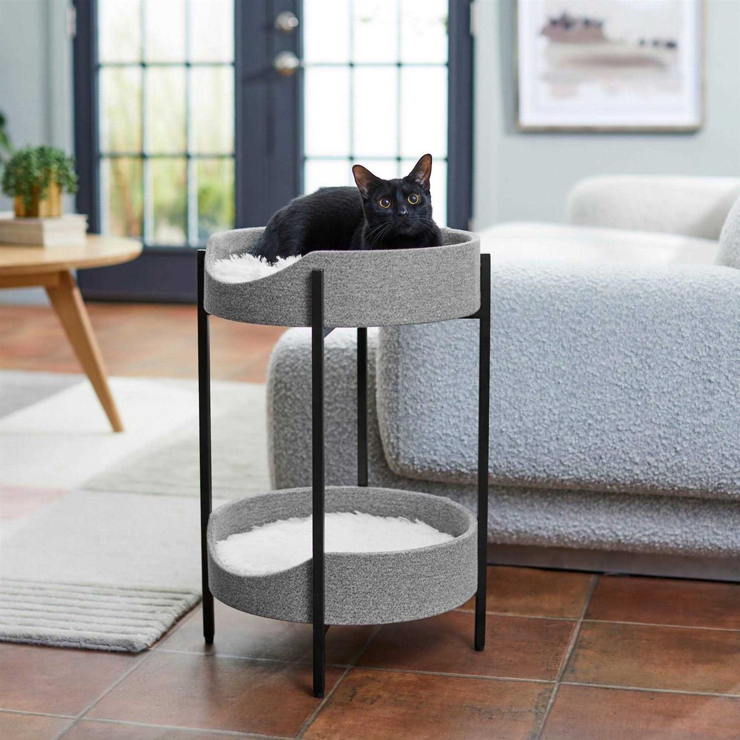 Frisco Elevated Modern Wrought Iron Cat Bed with Long Faux Fur Cushion