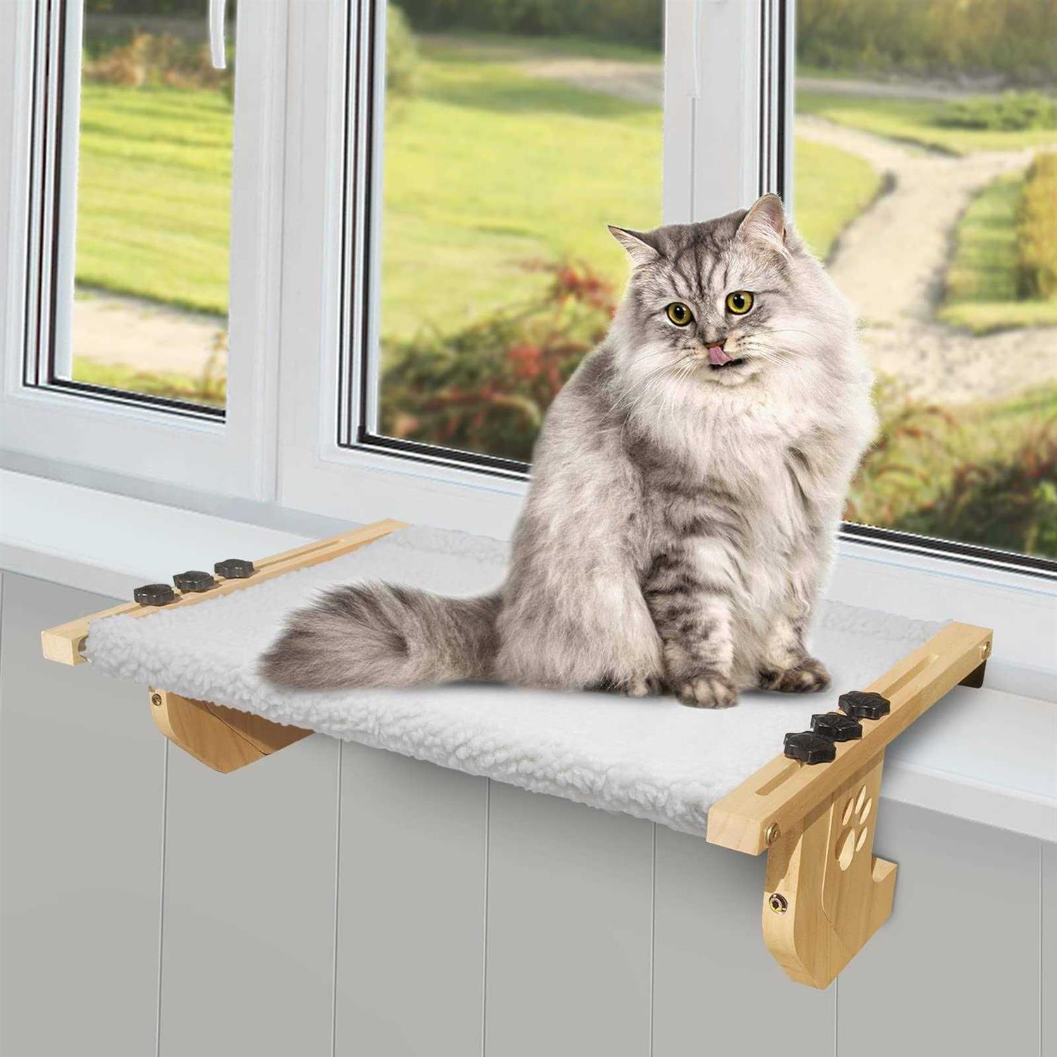 SEEPEARL Cat Window Perch Sturdy Cat Window Hammock with Wood and Metal Frame-No Drilling Required-Multiple Ways to Use-Cat Bed for Windowsill,Floor,Bedside