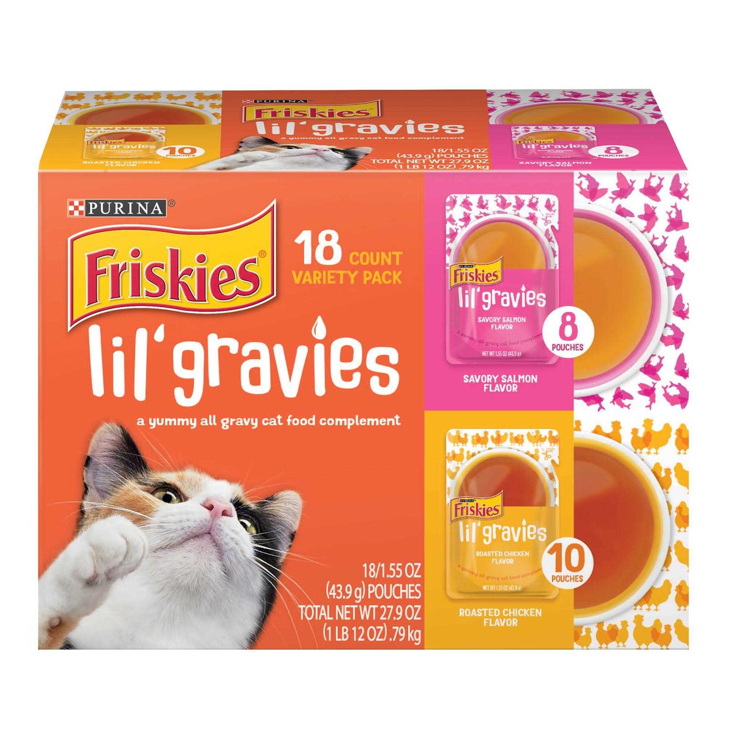 Friskies Lil' Gravies Variety Pack Cat Food Complement, 1.55-oz pouch, case of 18