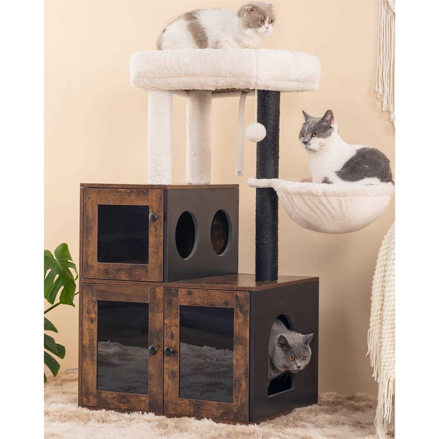 fourfurpets multipurpose litter box enclosure with cat tree, acrylic doors and windows