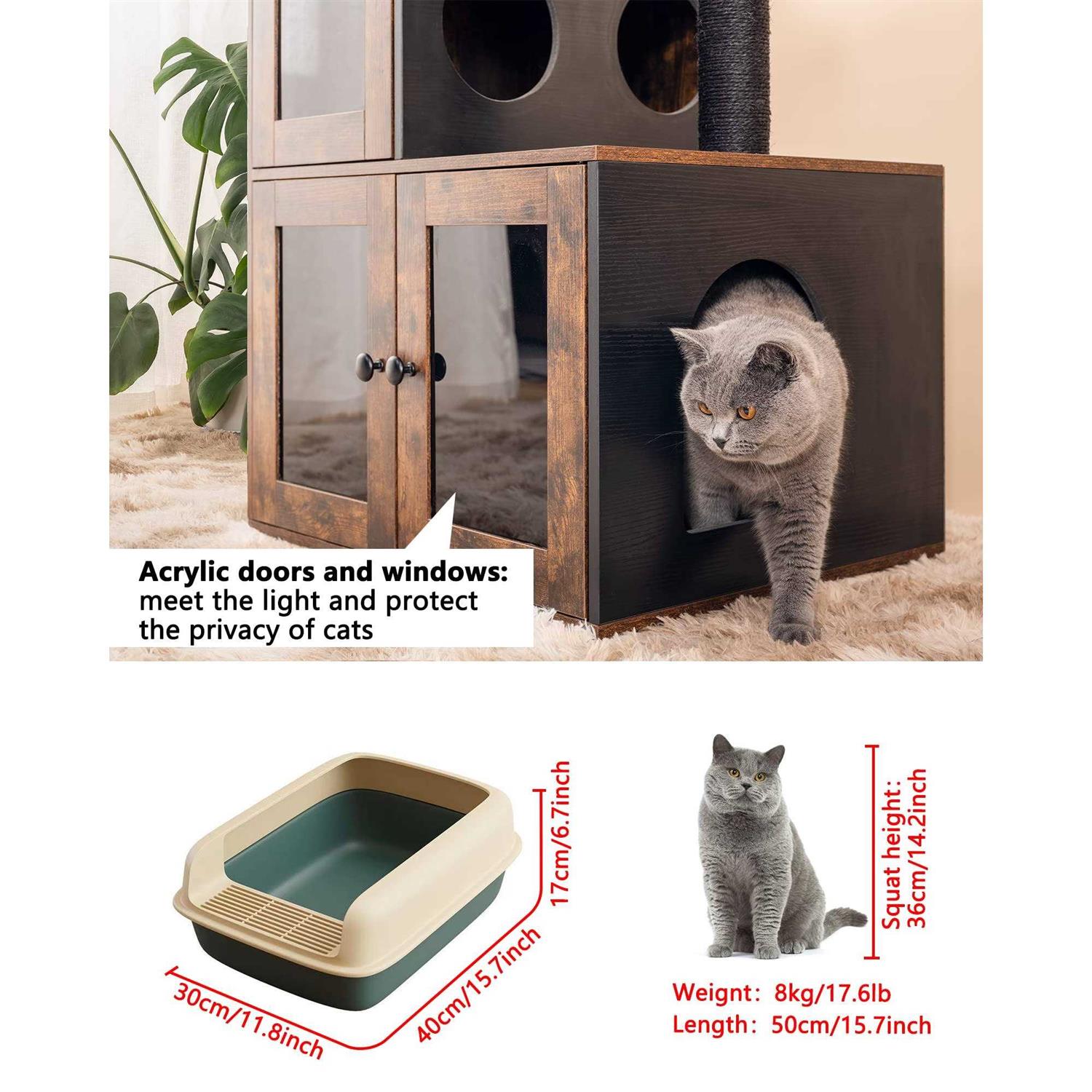 Alternative view of fourfurpets multipurpose litter box enclosure with cat tree, acrylic doors and windows