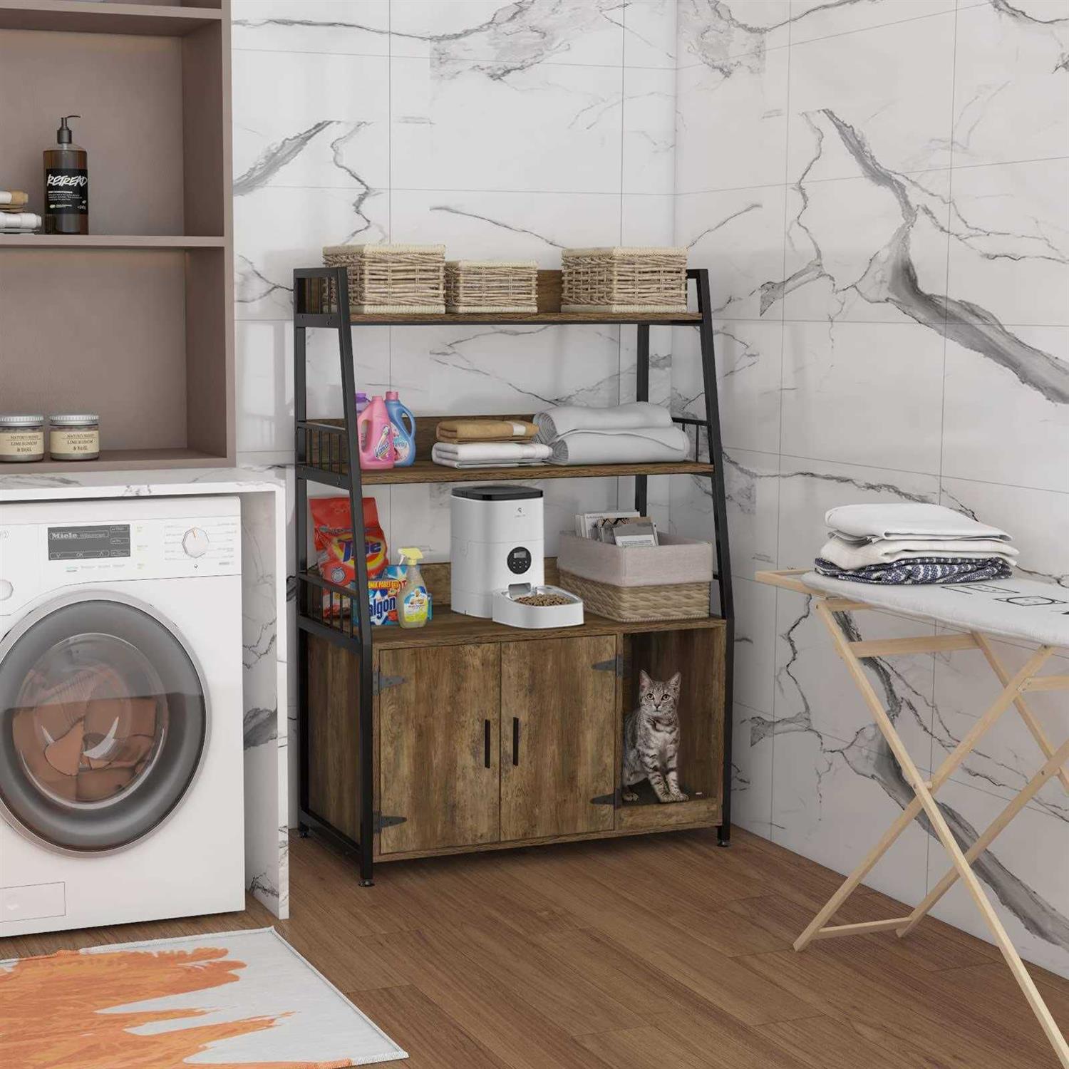 Alternative view of GDLF Large Hidden Cat Litter Box Enclosure Furniture with Shelf Wood Sturdy Cat Washroom Storage with Scratch