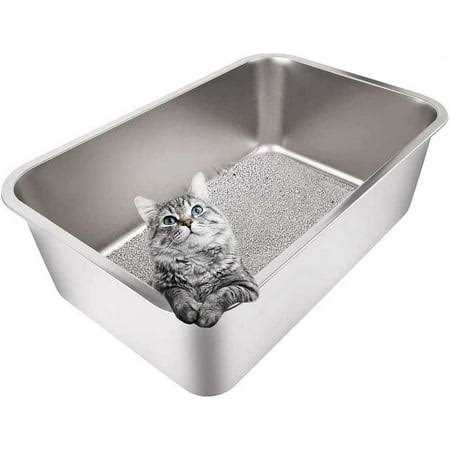 Yangbaga Stainless Steel Litter Box for Cat and Rabbit, Large Size with 8in High Sides and Non Slip Rubber Feet. Odor Control