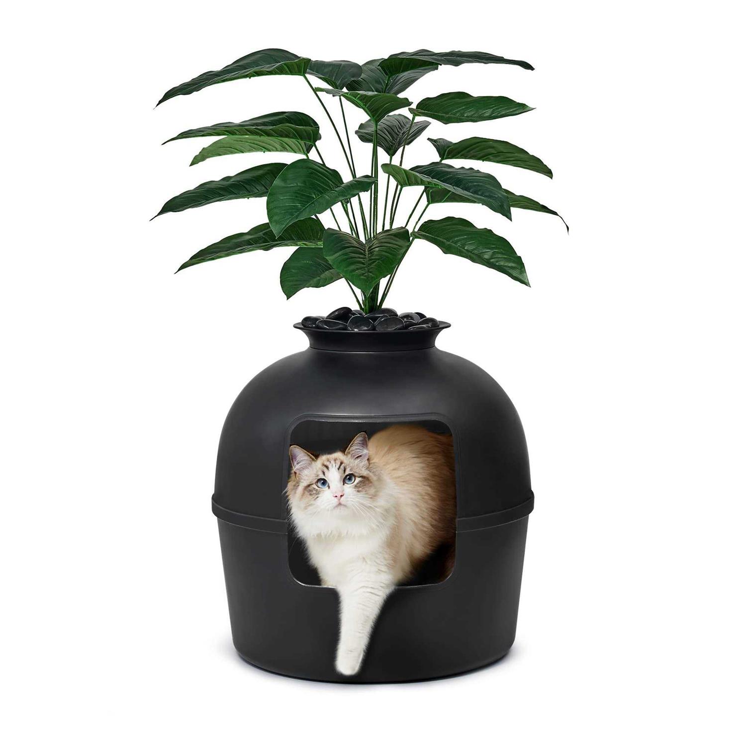 Secret Litter Box by Bundle & Bliss Hidden Litter Box Enclosure with Odor Control Carbon Filter, Faux Plant and Real Stones