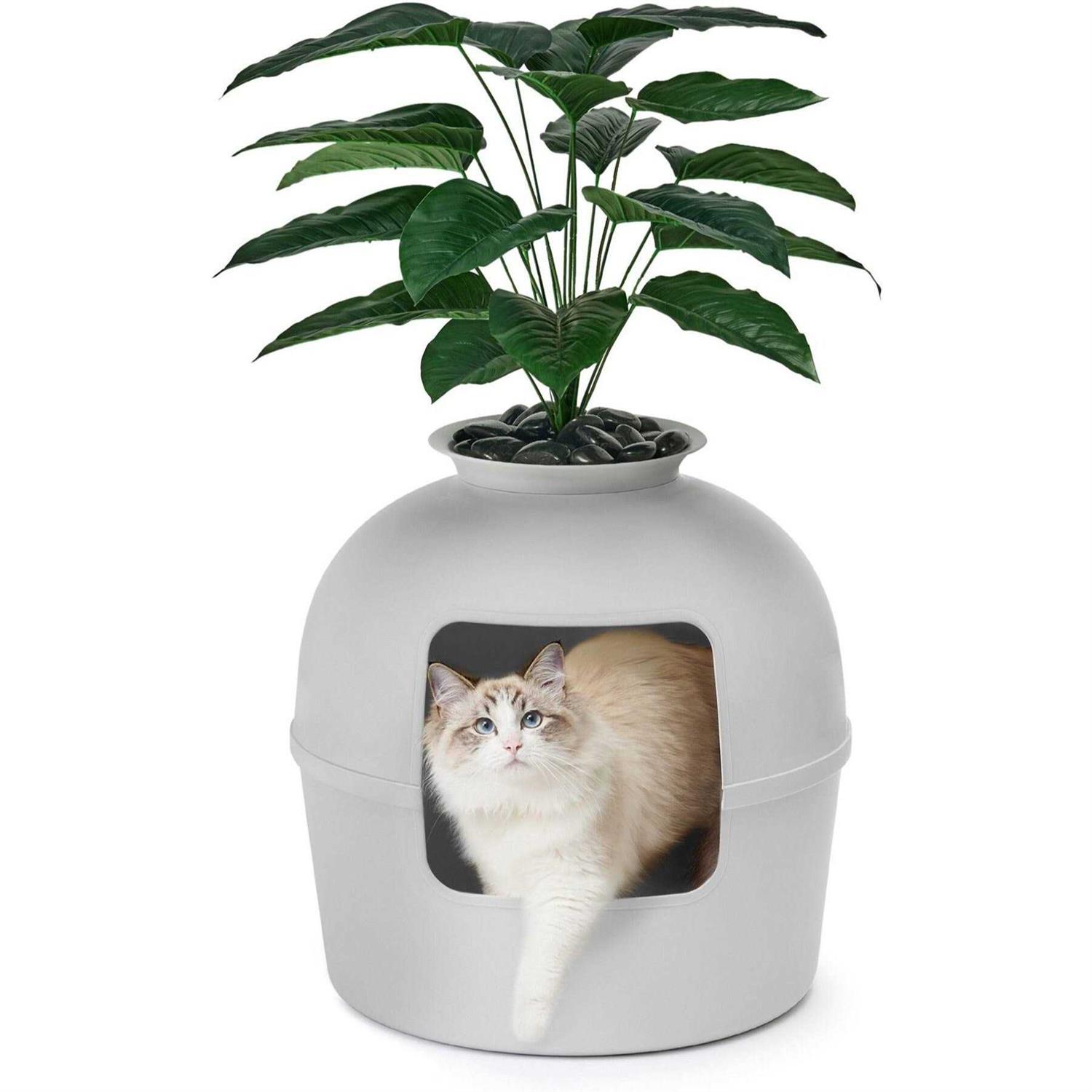 Secret Litter Box by Bundle & Bliss Hidden Litter Box Enclosure with Odor Control Carbon Filter, Faux Plant and Real Stones