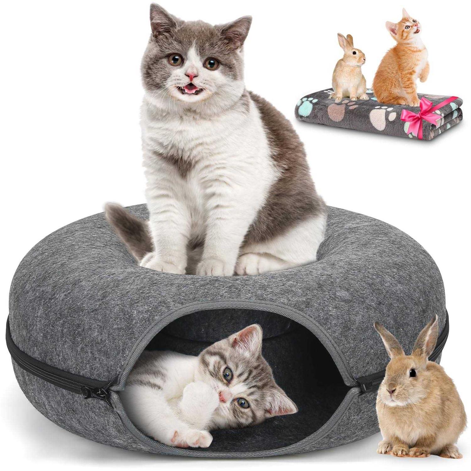 HOMAGICO Cat Tunnel Bed,Peekaboo Cat Cave with Pet Blanket,Detachable Donut Tunnels for Indoor Cats,Cat Tunnel Toy,Felt Round Cat Bed Suitable