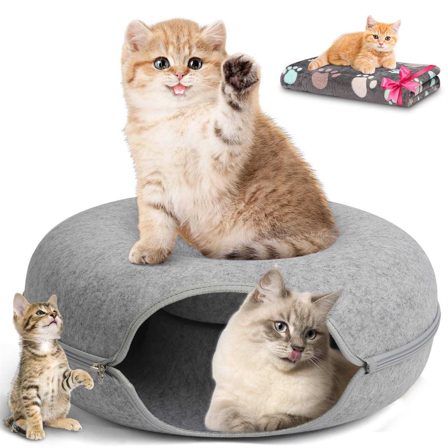 HOMAGICO Cat Tunnel Bed,Peekaboo Cat Cave with Pet Blanket,Detachable Donut Tunnels for Indoor Cats,Cat Tunnel Toy,Felt Round Cat Bed Suitable